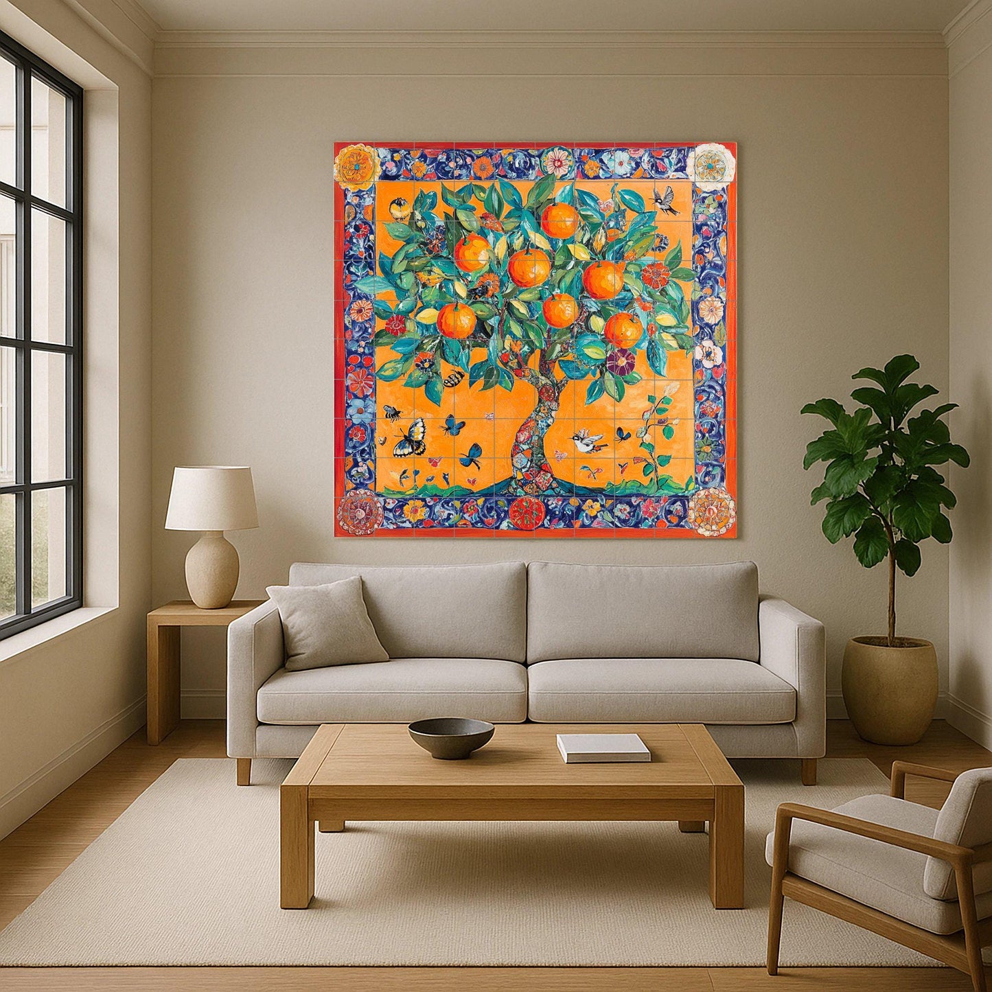 Mediterranean orange tree ceramic tile mural / Colorful vegetable garden with butterflies and birds / Kitchen backsplash with vibrant flowers