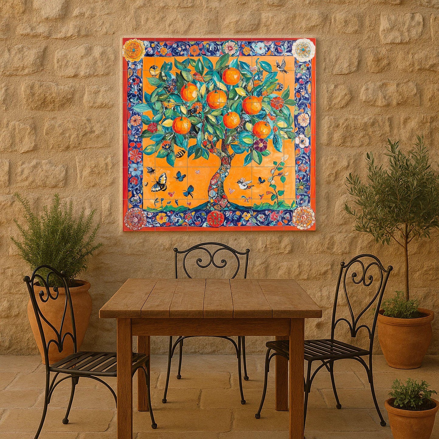 Mediterranean orange tree ceramic tile mural / Colorful vegetable garden with butterflies and birds / Kitchen backsplash with vibrant flowers