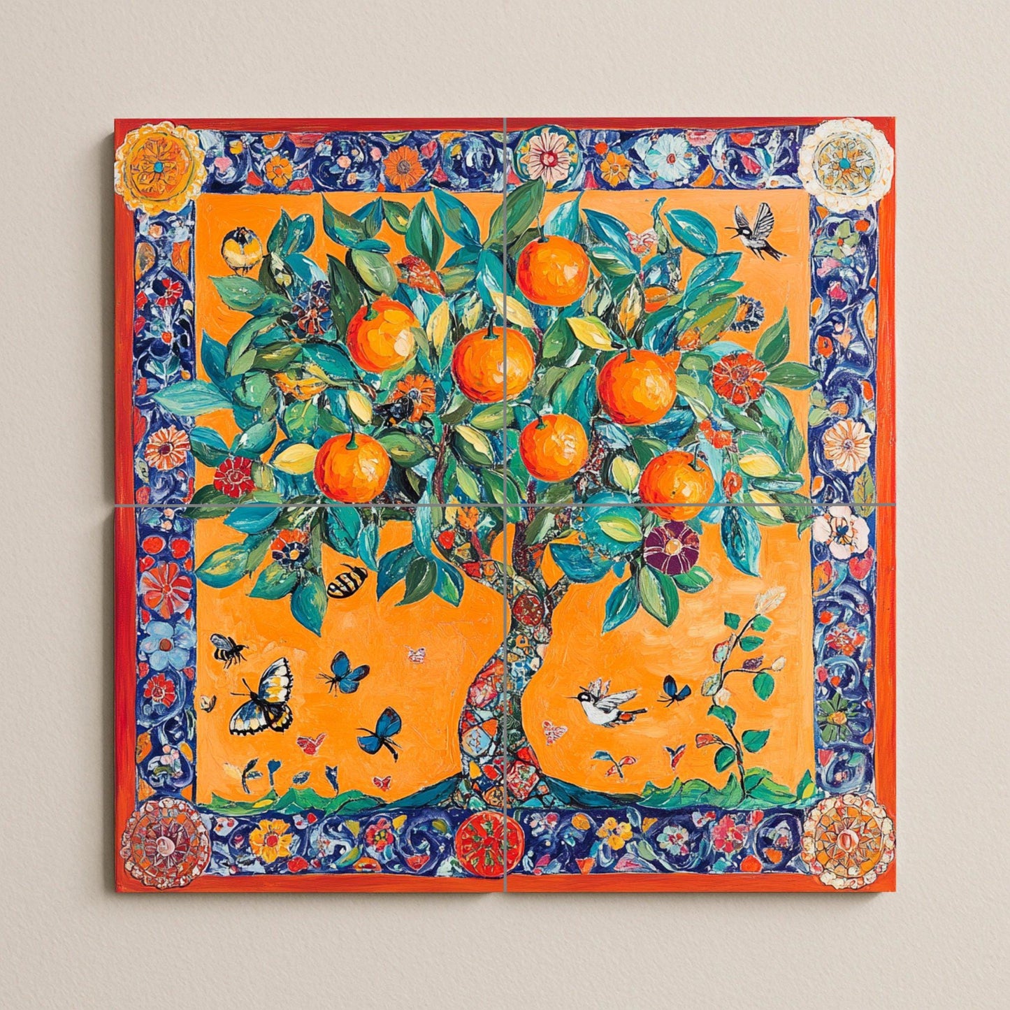 Mediterranean orange tree ceramic tile mural / Colorful vegetable garden with butterflies and birds / Kitchen backsplash with vibrant flowers