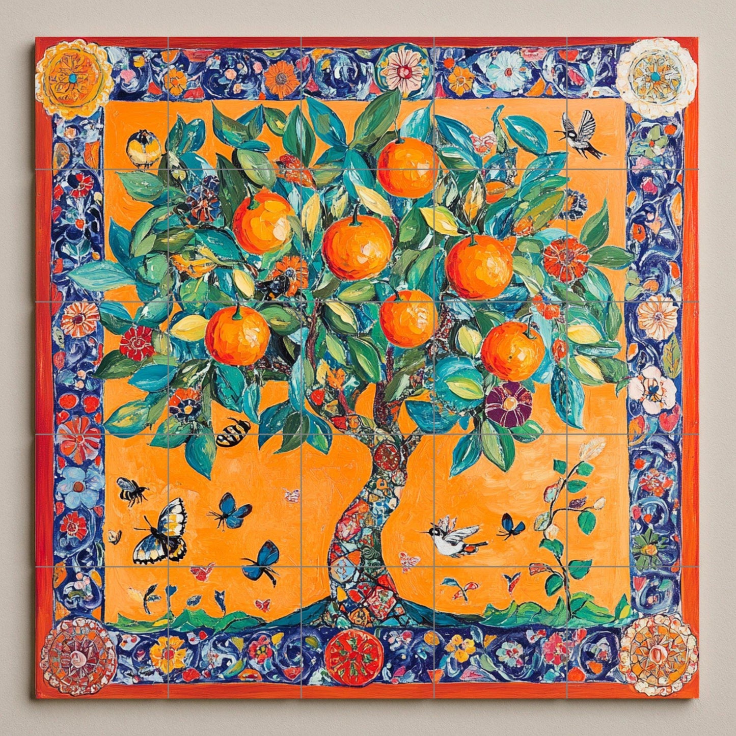 Mediterranean orange tree ceramic tile mural / Colorful vegetable garden with butterflies and birds / Kitchen backsplash with vibrant flowers