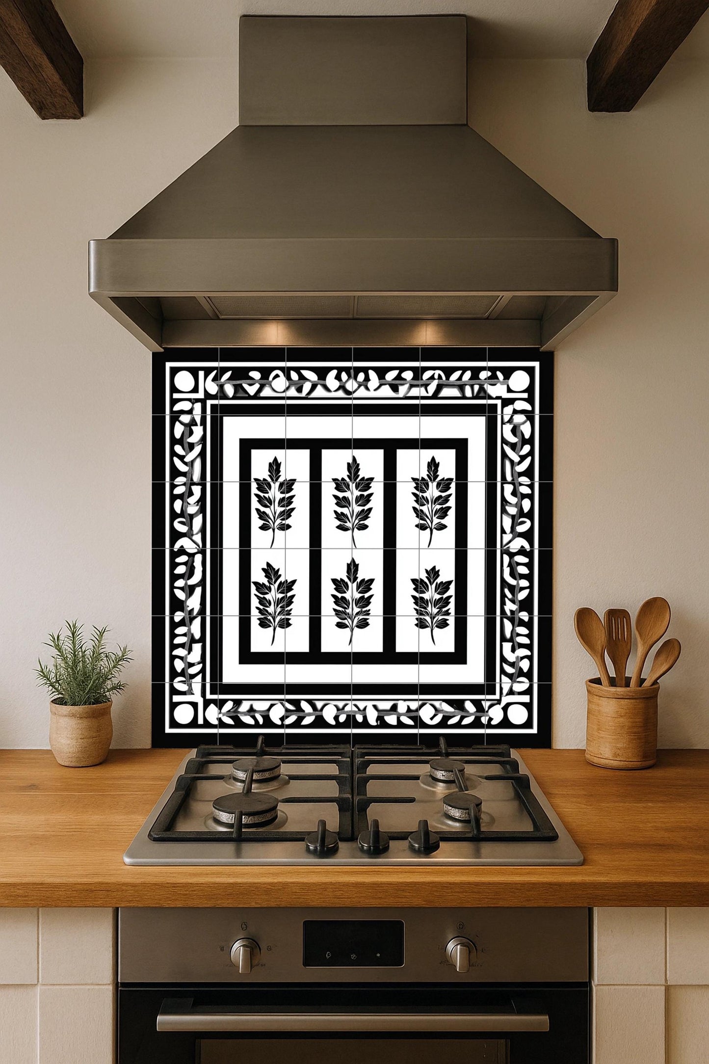 Black and white Greek ceramic tile mural / Classic decorative panel of laurel leaves with geometric borders for kitchen backsplash