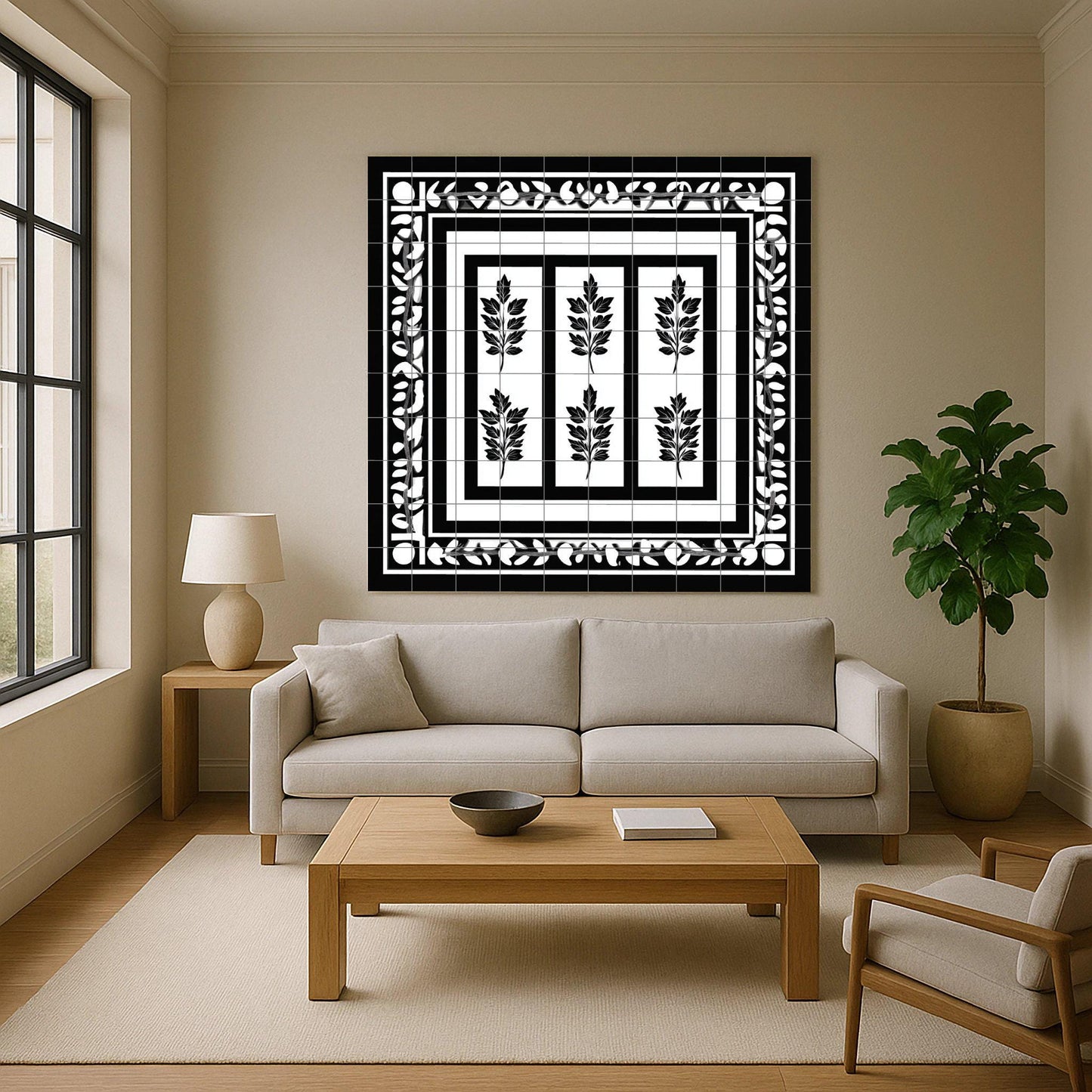 Black and white Greek ceramic tile mural / Classic decorative panel of laurel leaves with geometric borders for kitchen backsplash