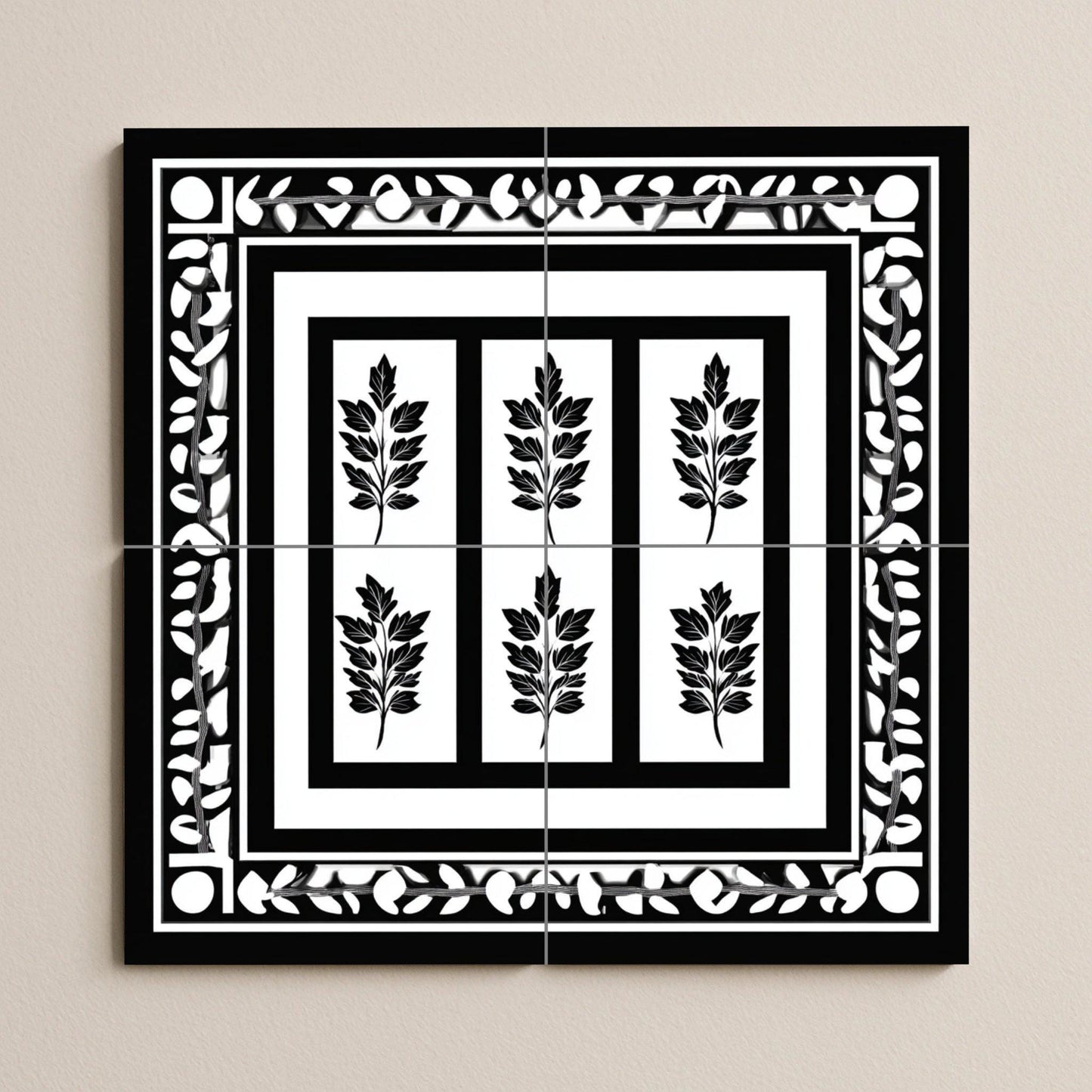 Black and white Greek ceramic tile mural / Classic decorative panel of laurel leaves with geometric borders for kitchen backsplash