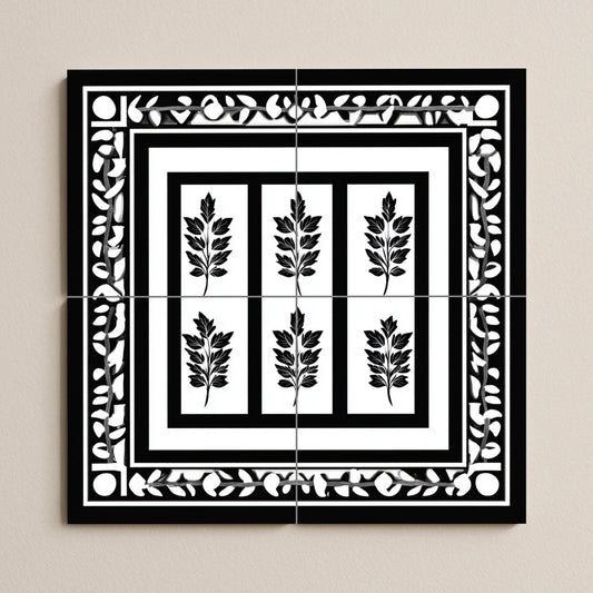 Black and white Greek ceramic tile mural / Classic decorative panel of laurel leaves with geometric borders for kitchen backsplash