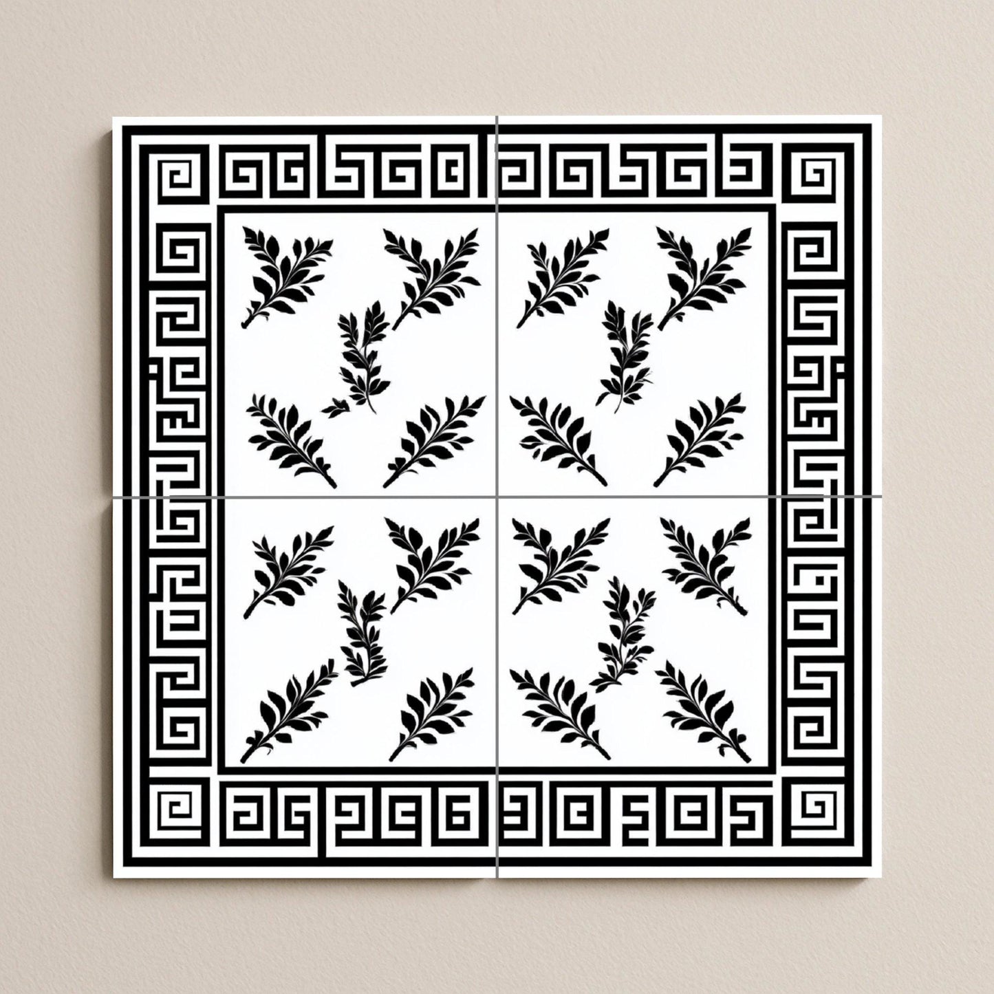 Ceramic tile mural with Greek key, black and white laurel leaf decorative panel, classic Hellenic design for decoration.