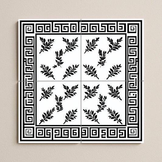 Ceramic tile mural with Greek key, black and white laurel leaf decorative panel, classic Hellenic design for decoration.