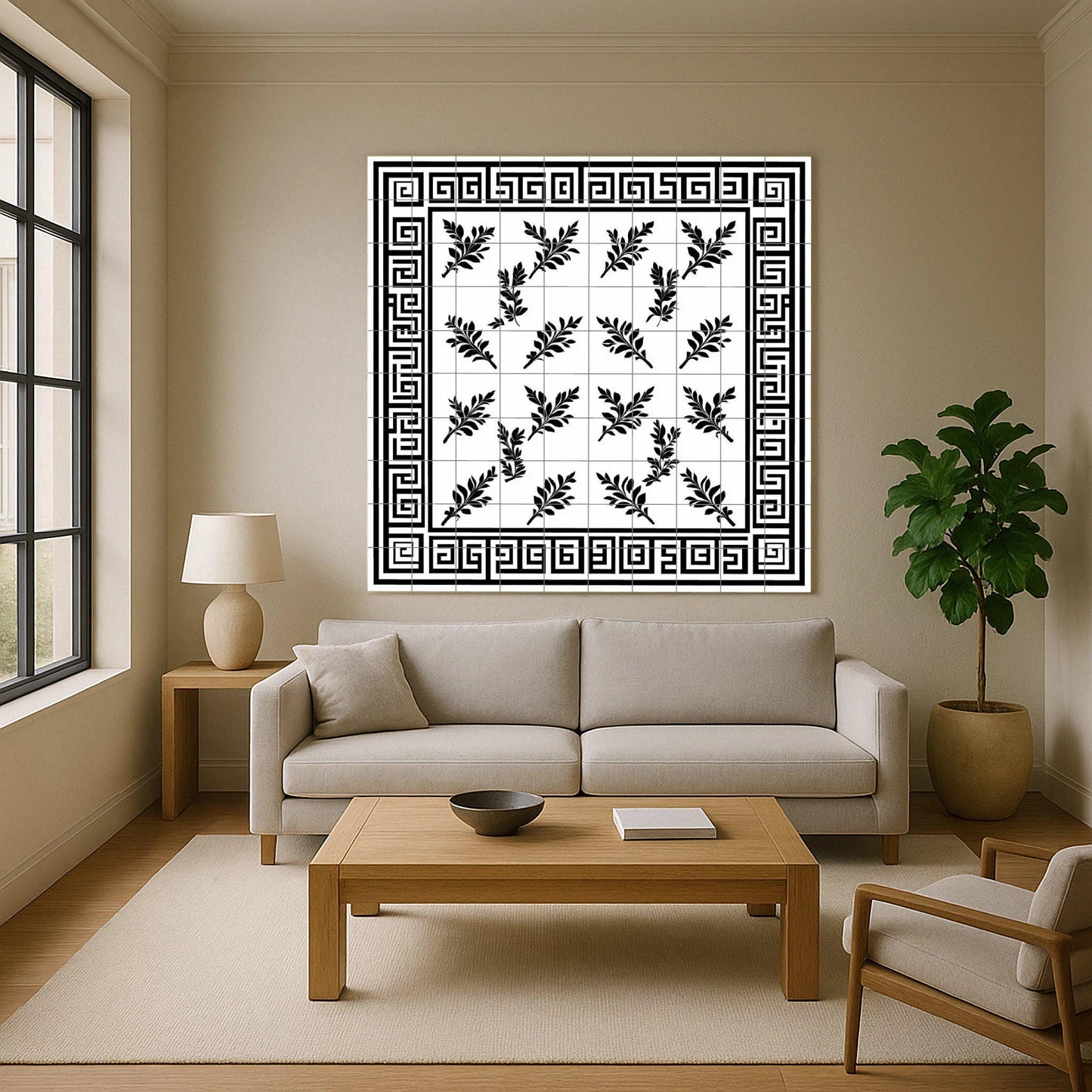 Ceramic tile mural with Greek key, black and white laurel leaf decorative panel, classic Hellenic design for decoration.