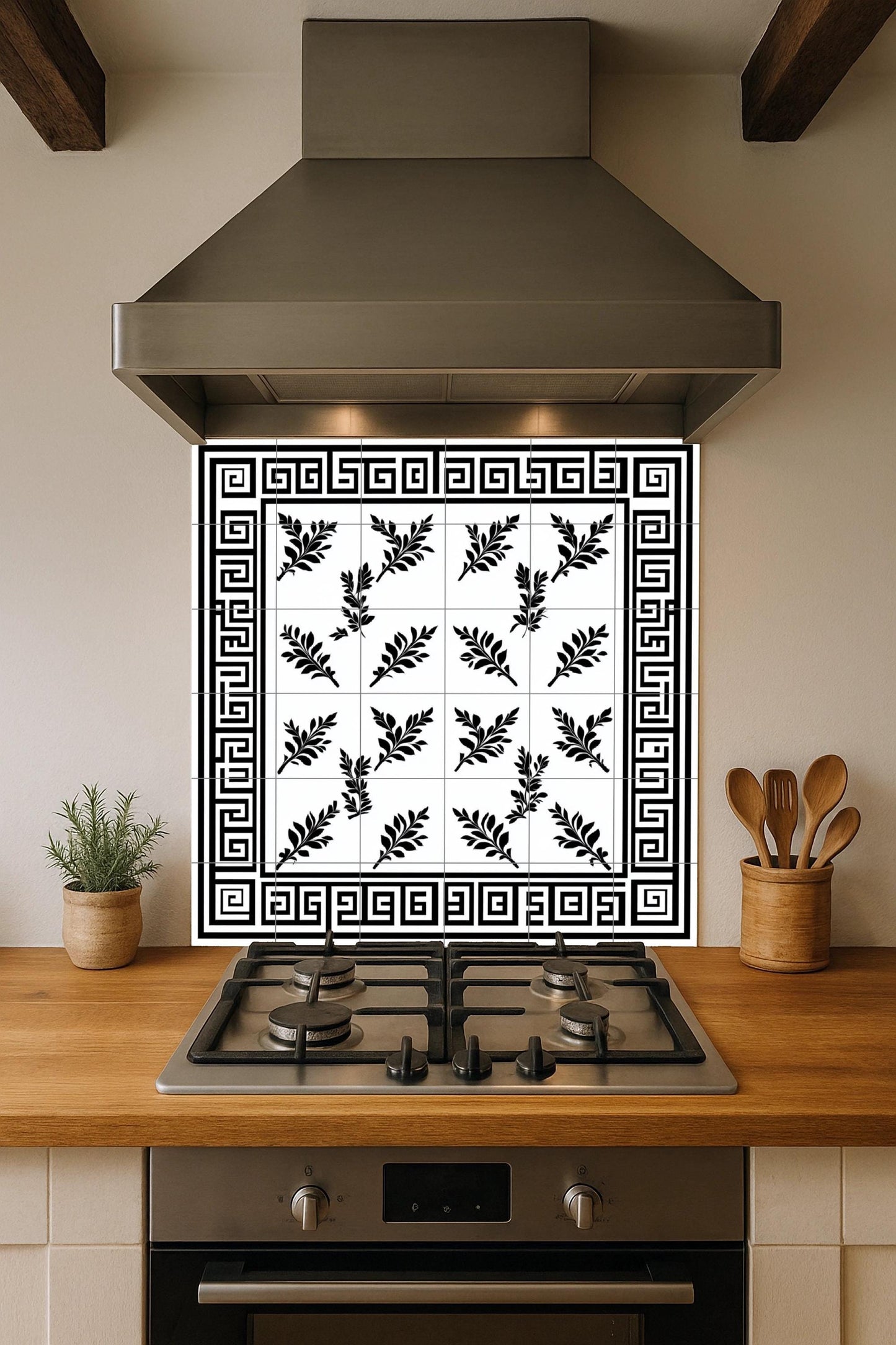 Ceramic tile mural with Greek key, black and white laurel leaf decorative panel, classic Hellenic design for decoration.