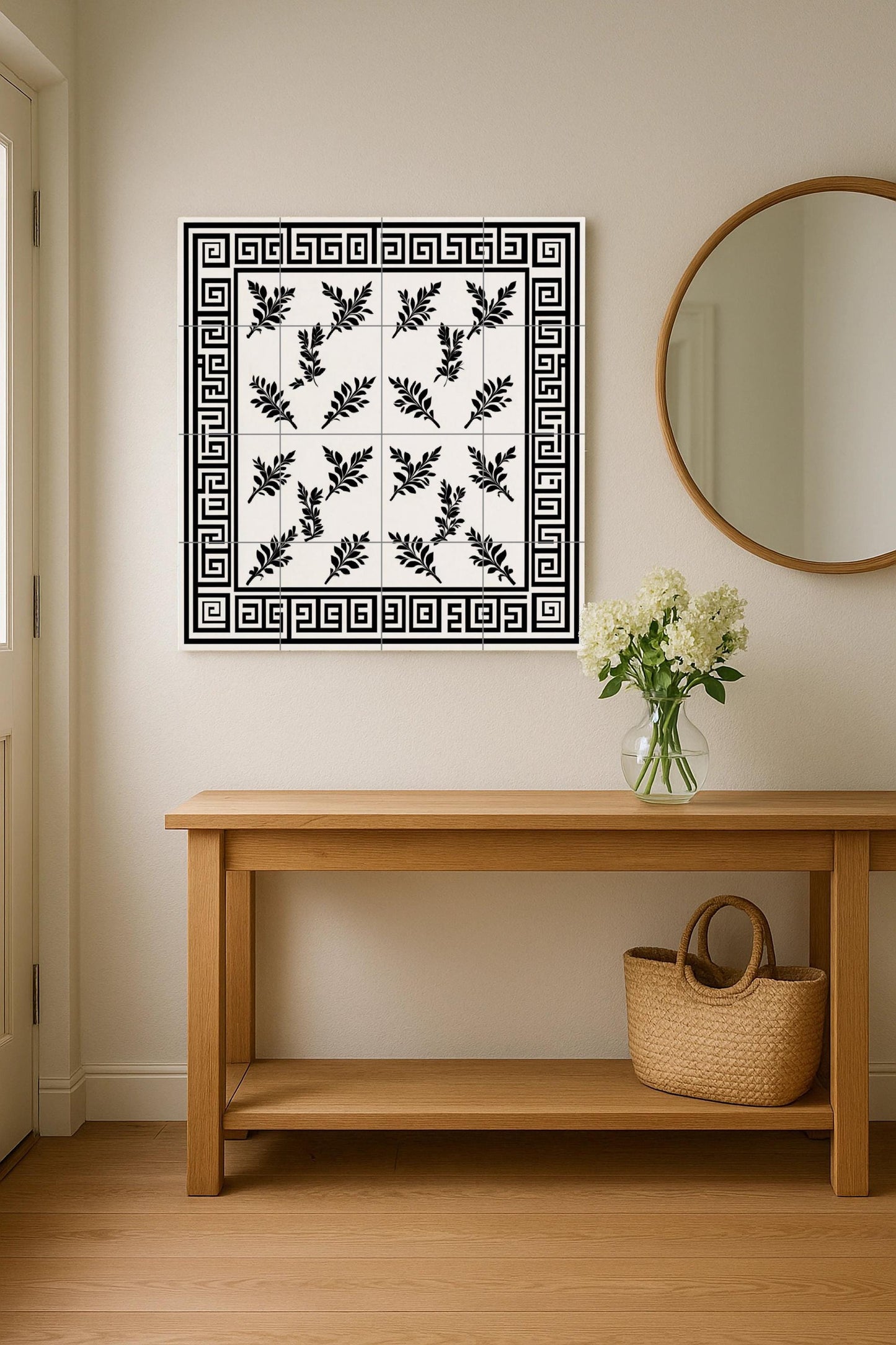 Ceramic tile mural with Greek key, black and white laurel leaf decorative panel, classic Hellenic design for decoration.