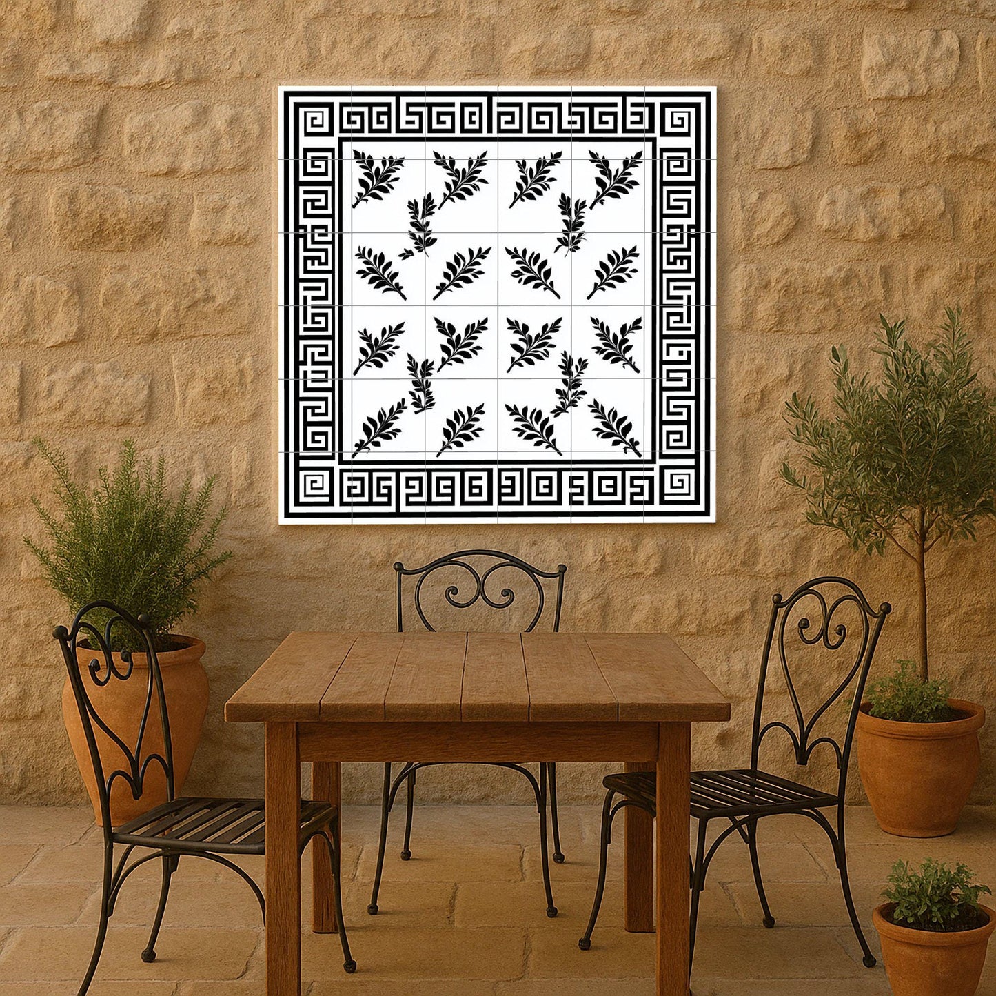 Ceramic tile mural with Greek key, black and white laurel leaf decorative panel, classic Hellenic design for decoration.