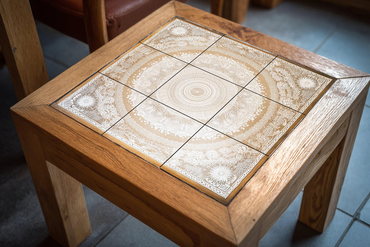 Elegant mandala ceramic tile mural for wall, decorative panel with intricate lace pattern, neutral bohemian design for kitchen or bedroom.