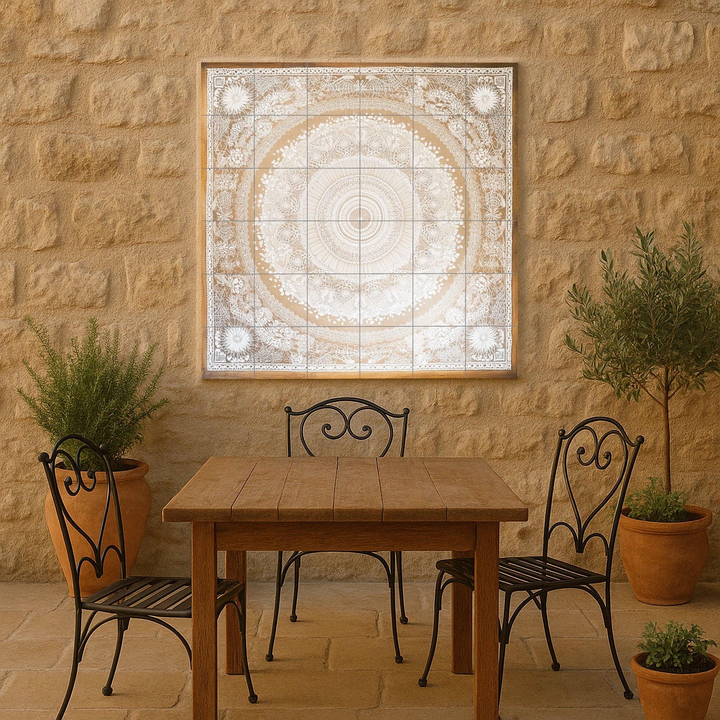 Elegant mandala ceramic tile mural for wall, decorative panel with intricate lace pattern, neutral bohemian design for kitchen or bedroom.