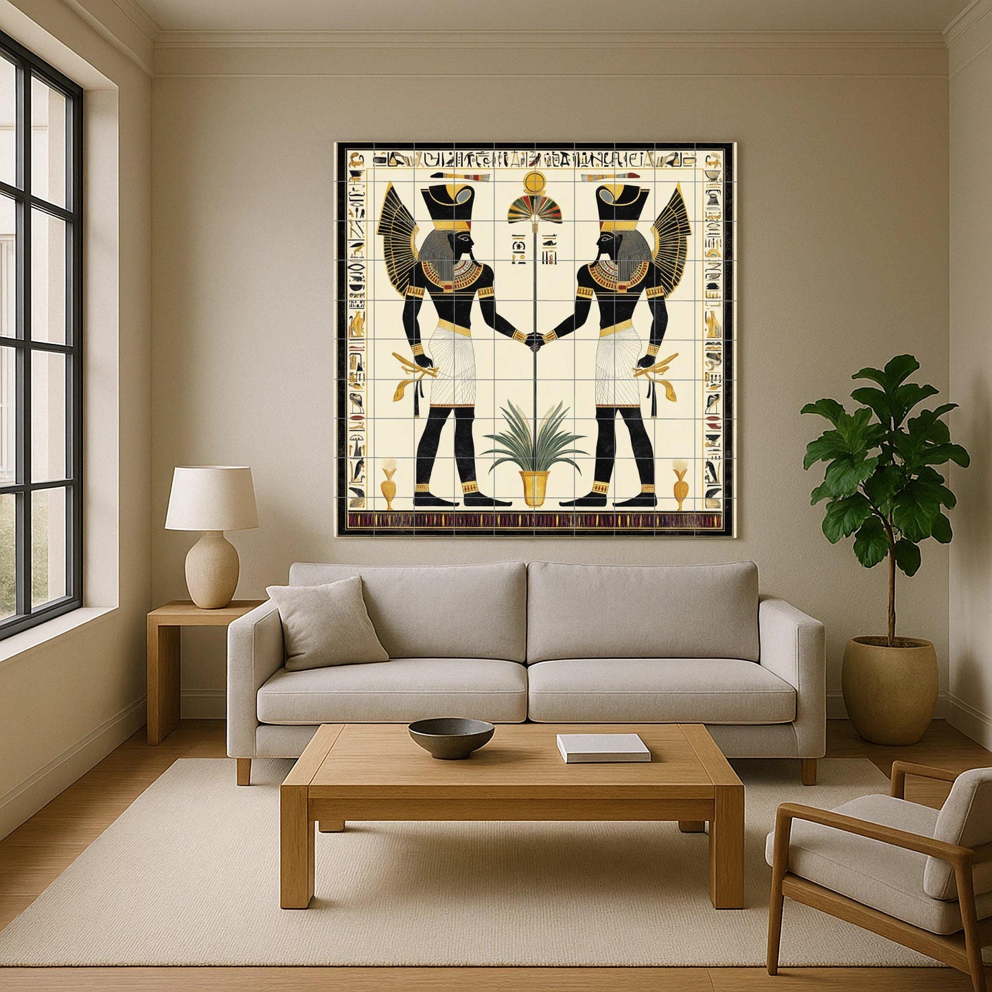 Ancient Egyptian ceramic tile mural / Decorative panel with pharaohs and hieroglyphs / Kitchen backsplash featuring the historical culture of the Nile