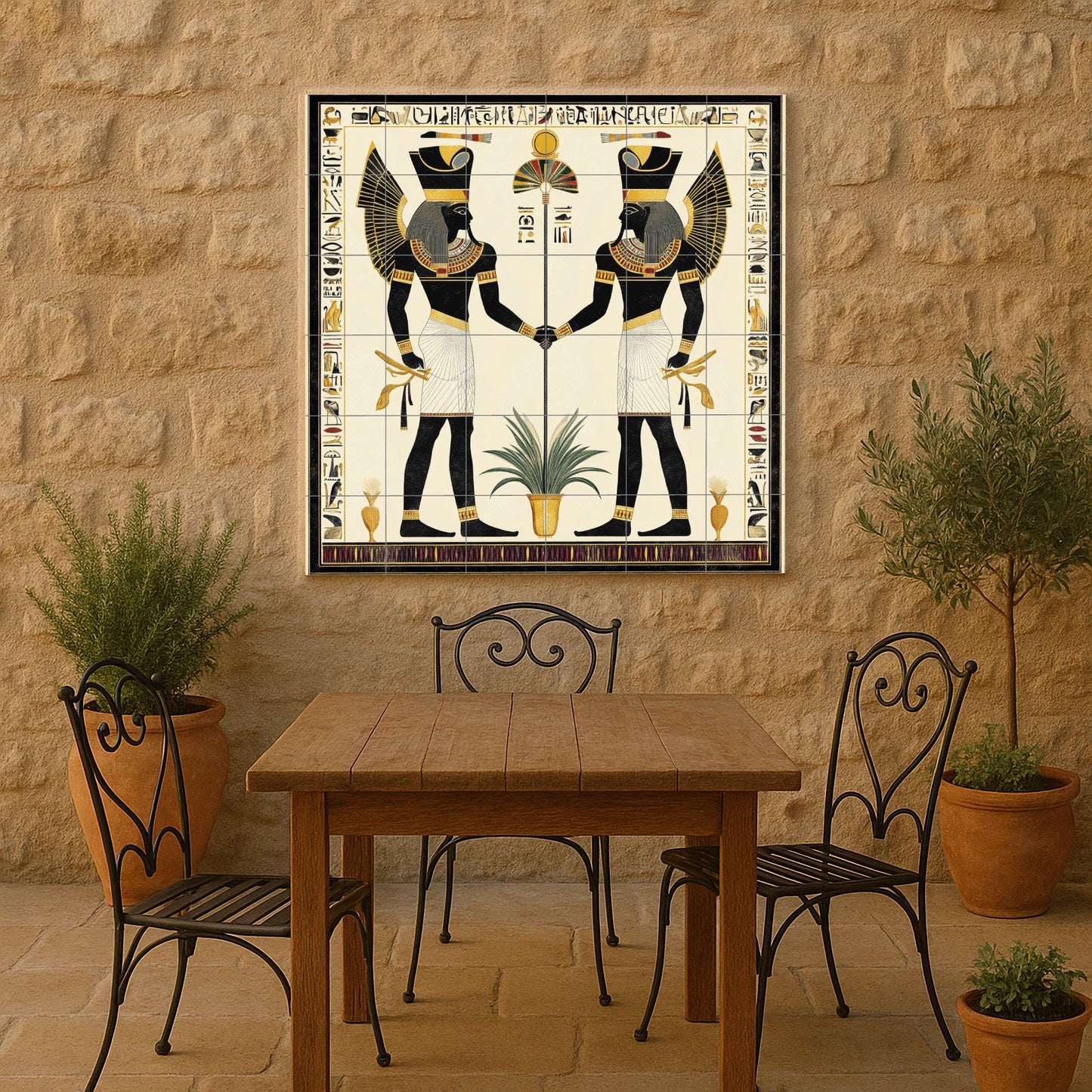 Ancient Egyptian ceramic tile mural / Decorative panel with pharaohs and hieroglyphs / Kitchen backsplash featuring the historical culture of the Nile