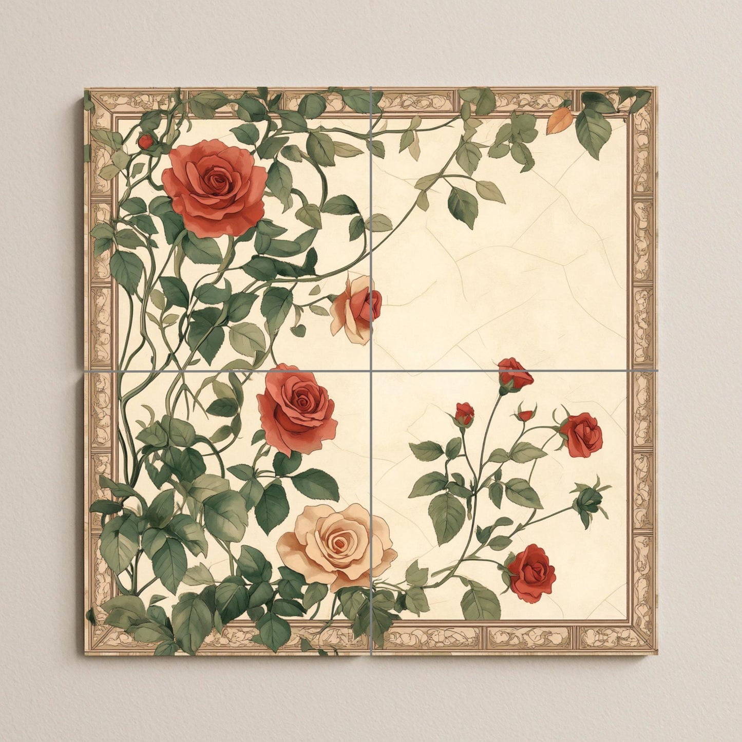 Ceramic tile mural with romantic roses, vintage floral botanical design with climbing roses for kitchen backsplash or living room decor.