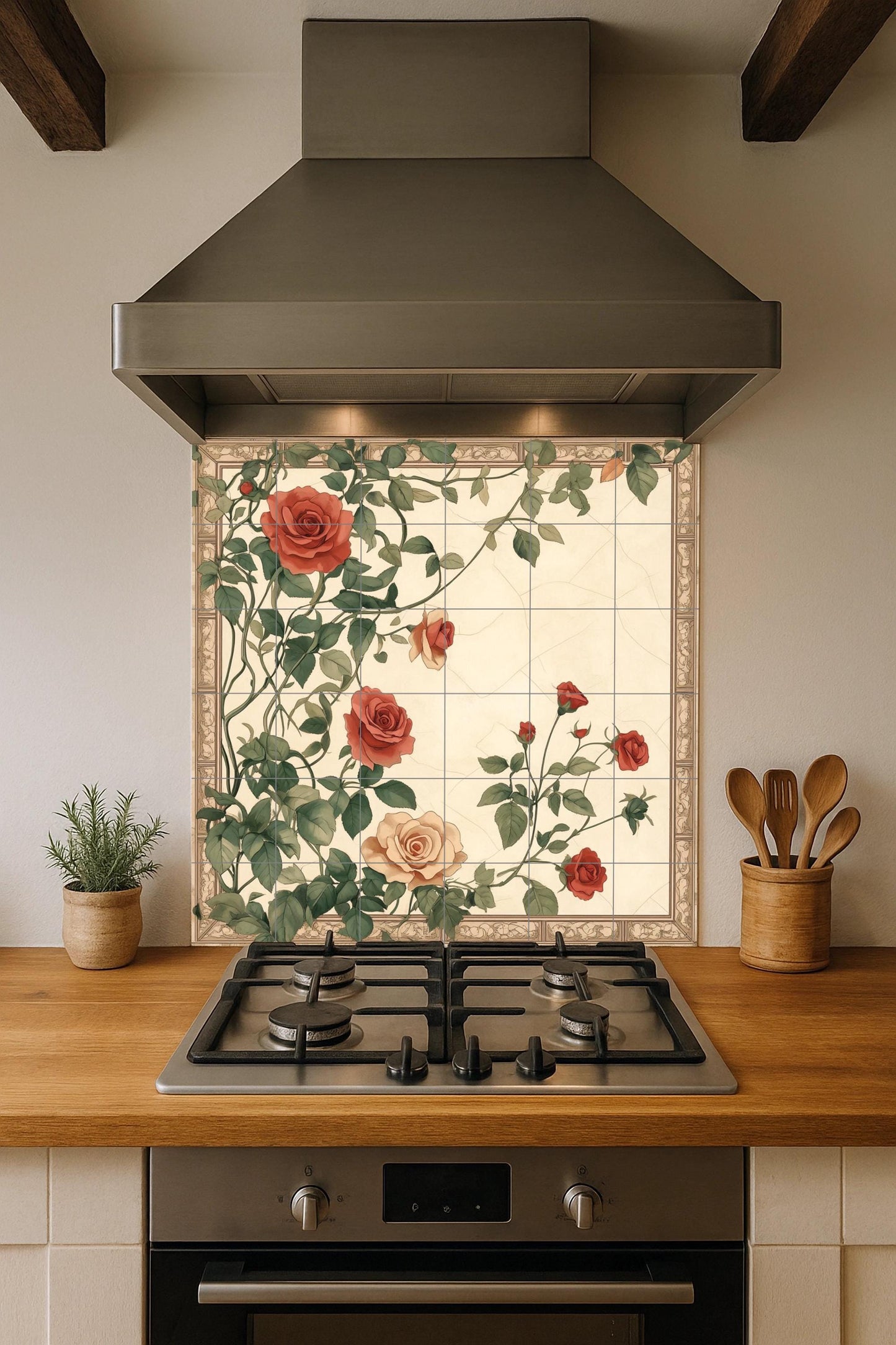 Ceramic tile mural with romantic roses, vintage floral botanical design with climbing roses for kitchen backsplash or living room decor.