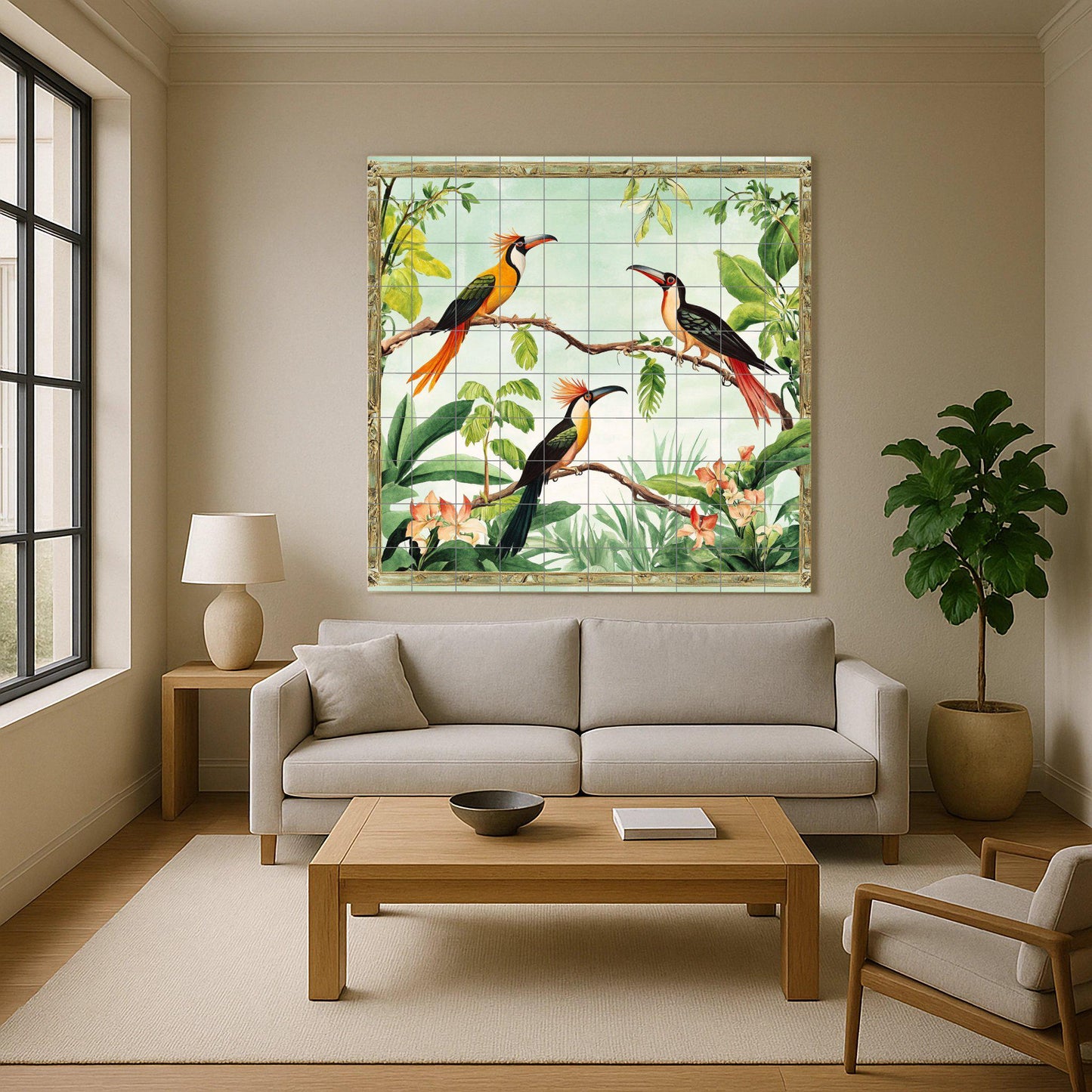 Ceramic tile mural with exotic tropical bird design, colorful toucan design for kitchen backsplash, patio or living room.