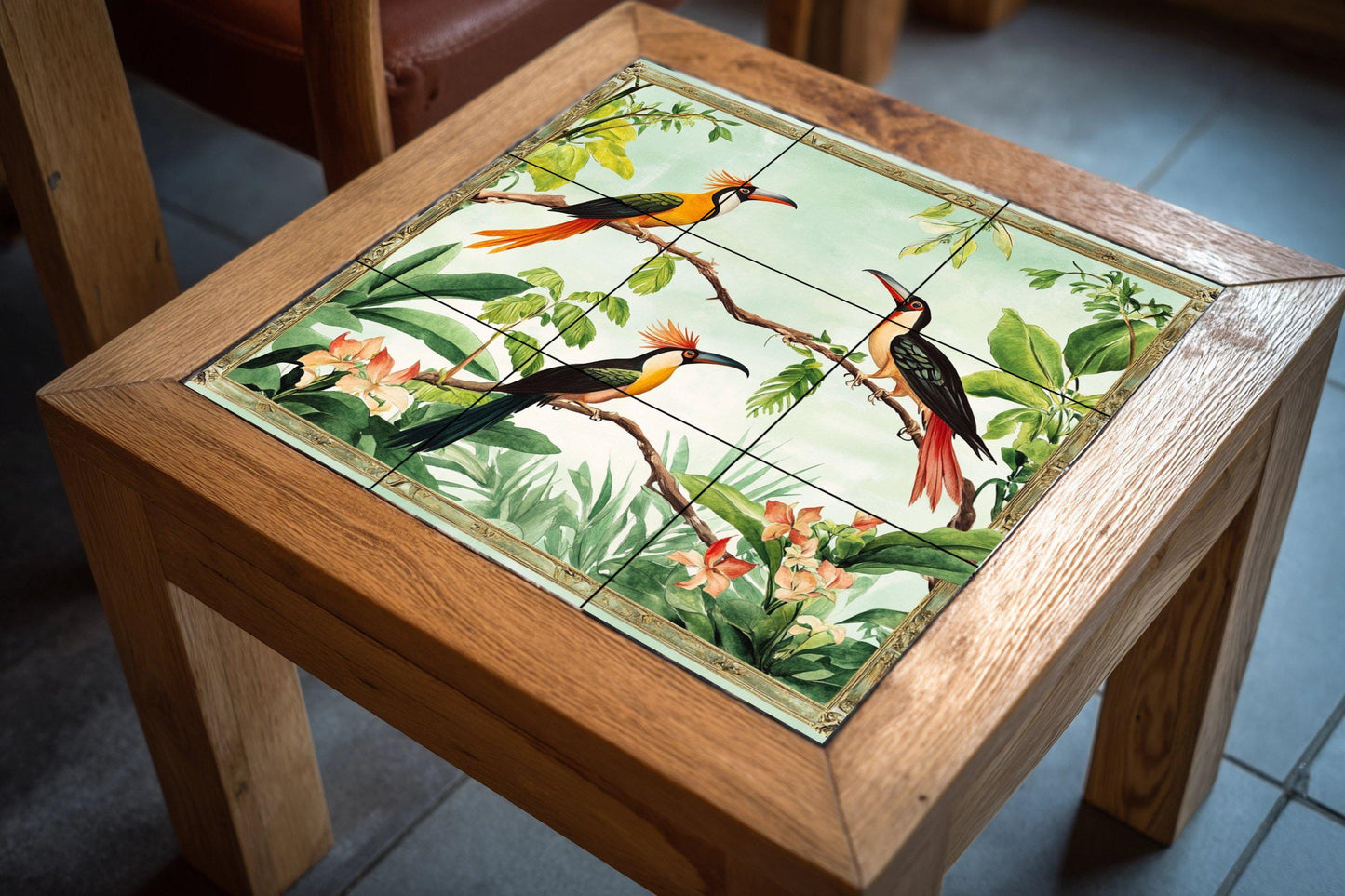 Ceramic tile mural with exotic tropical bird design, colorful toucan design for kitchen backsplash, patio or living room.
