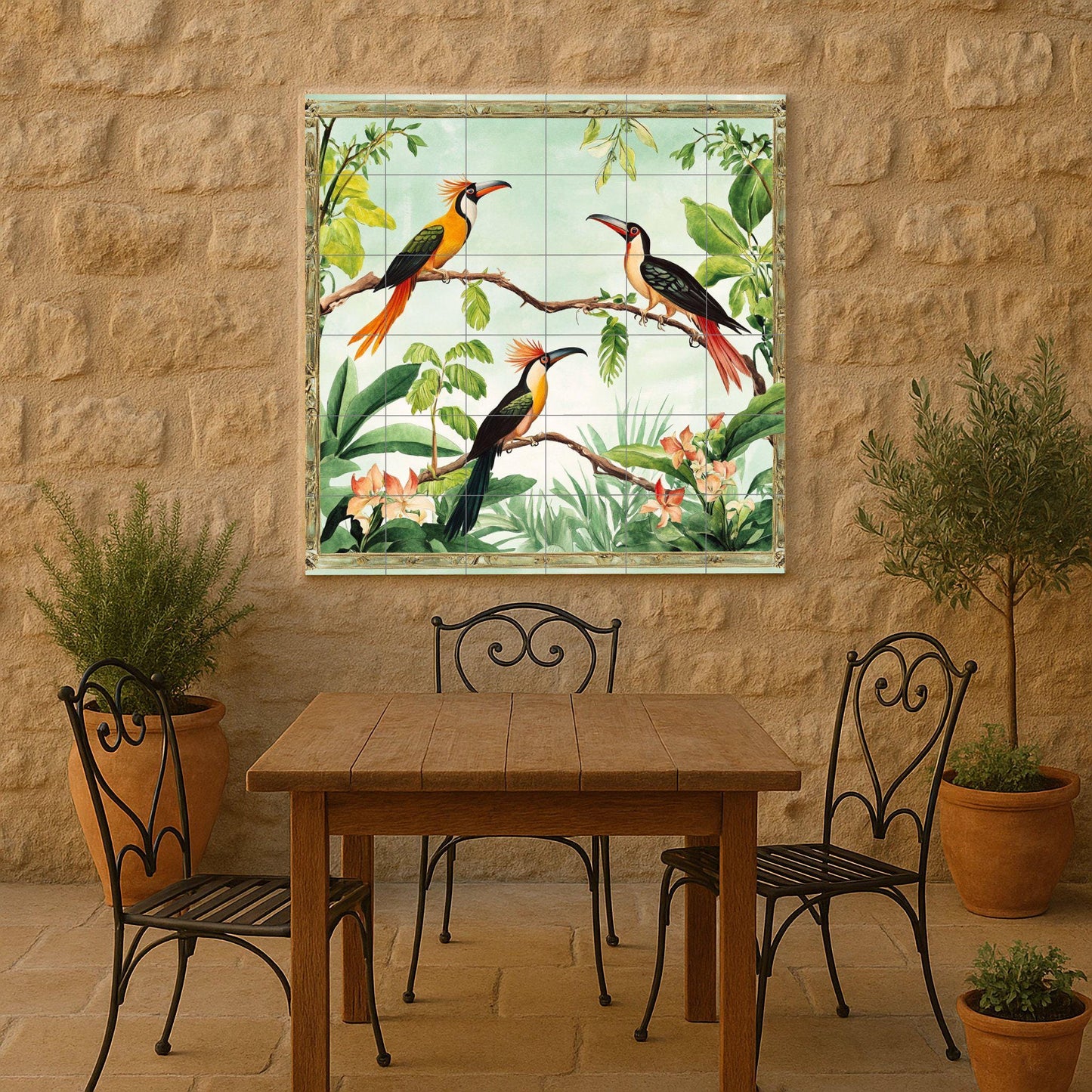 Ceramic tile mural with exotic tropical bird design, colorful toucan design for kitchen backsplash, patio or living room.