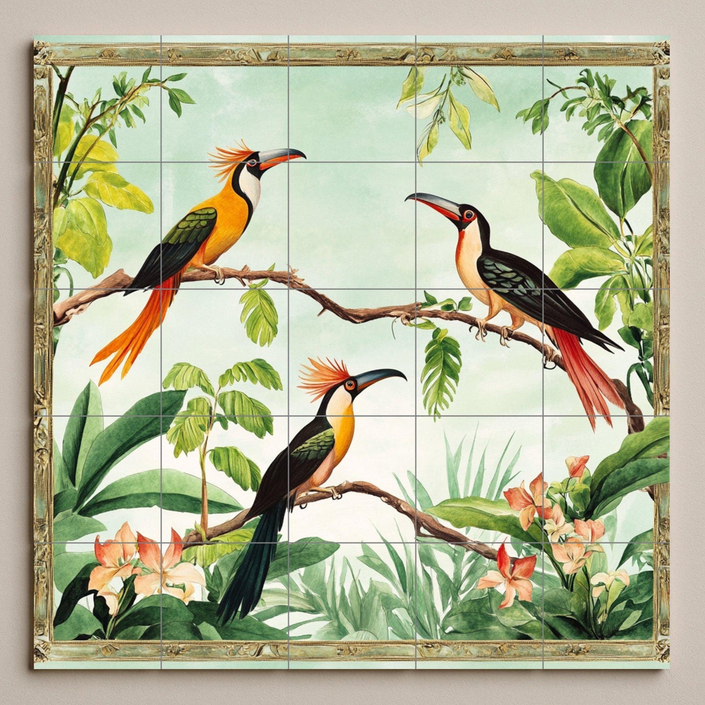 Ceramic tile mural with exotic tropical bird design, colorful toucan design for kitchen backsplash, patio or living room.