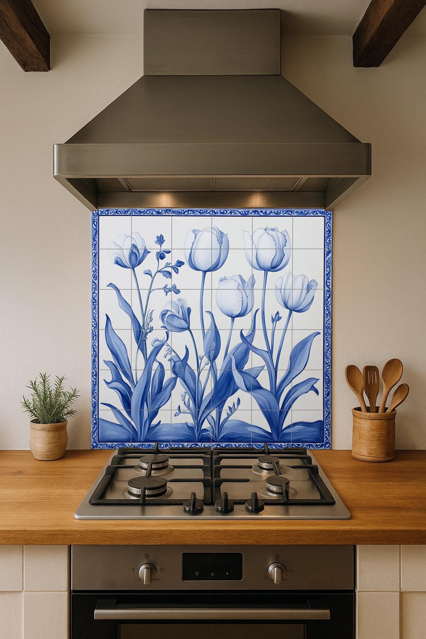 Ceramic tile mural with Delft blue tulips / Handmade Dutch-style floral kitchen backsplash / Elegant indigo botanical decor
