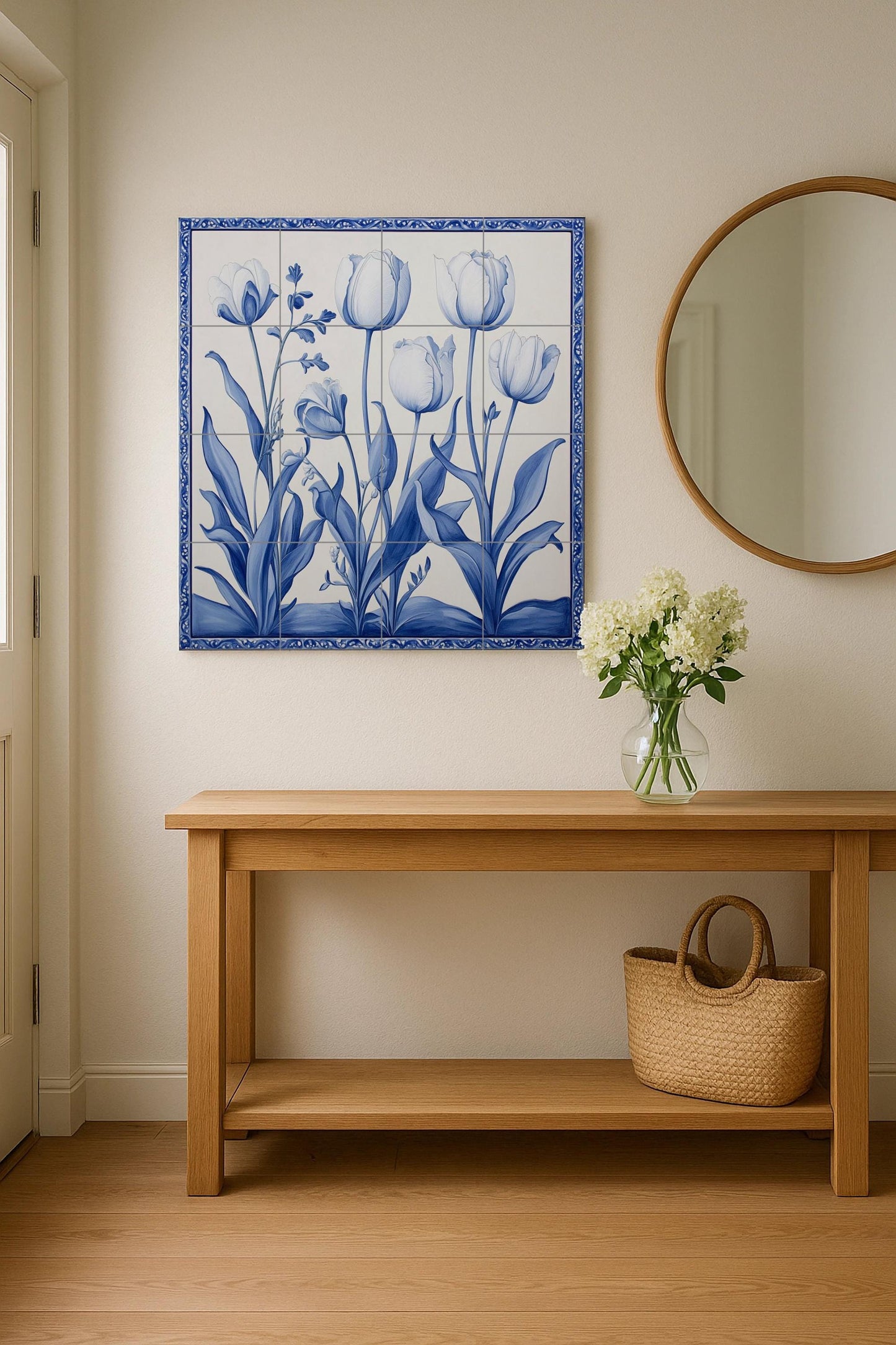 Ceramic tile mural with Delft blue tulips / Handmade Dutch-style floral kitchen backsplash / Elegant indigo botanical decor