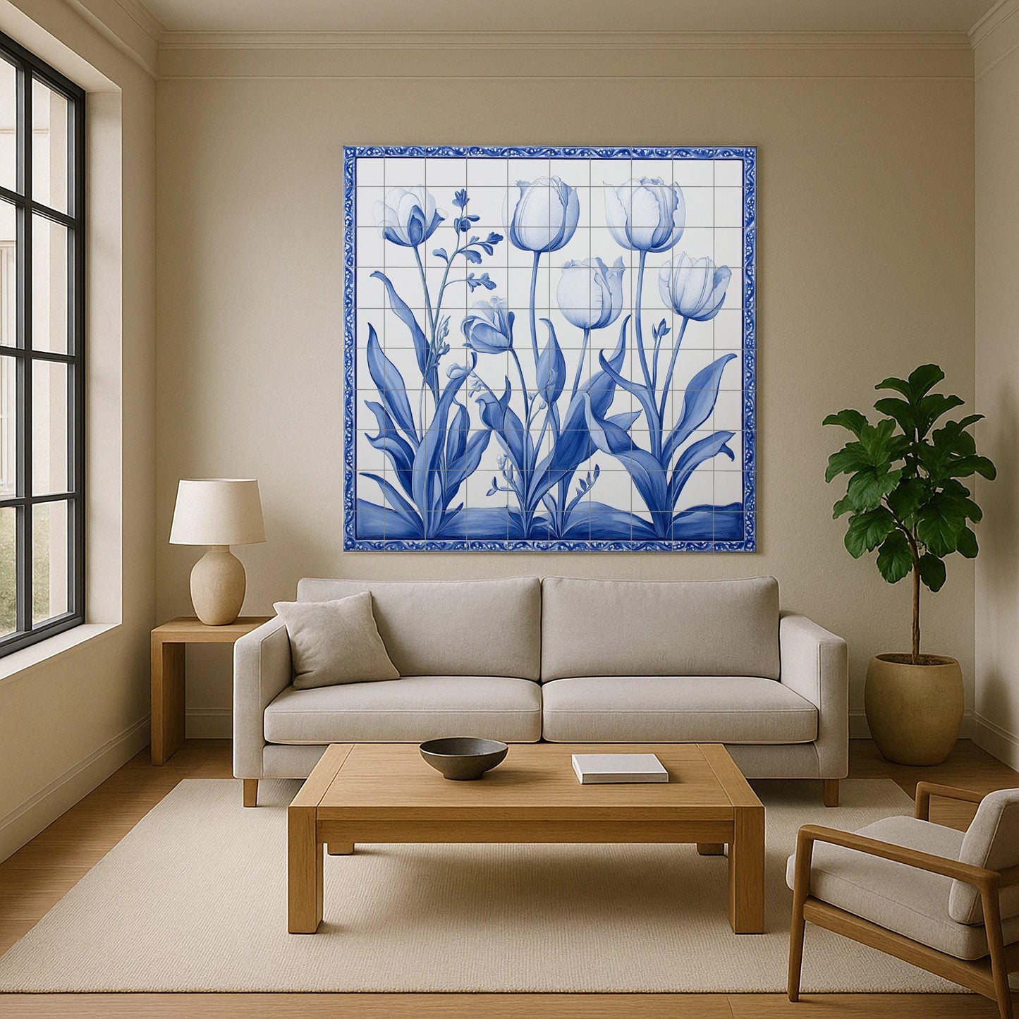 Ceramic tile mural with Delft blue tulips / Handmade Dutch-style floral kitchen backsplash / Elegant indigo botanical decor