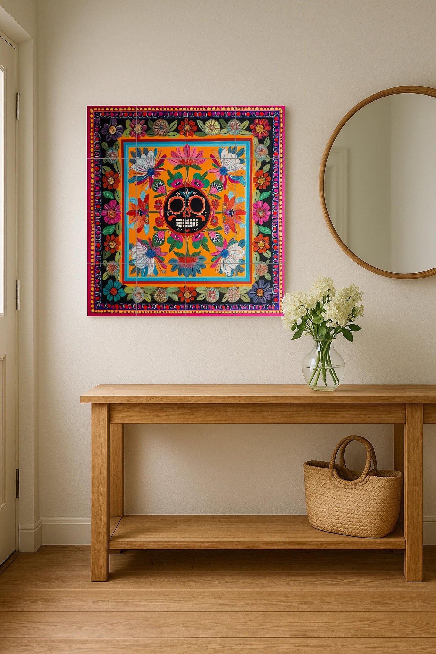 Day of the Dead ceramic wall mural with Mexican sugar skull and flowers, colorful folk art Talavera style decorative tiles