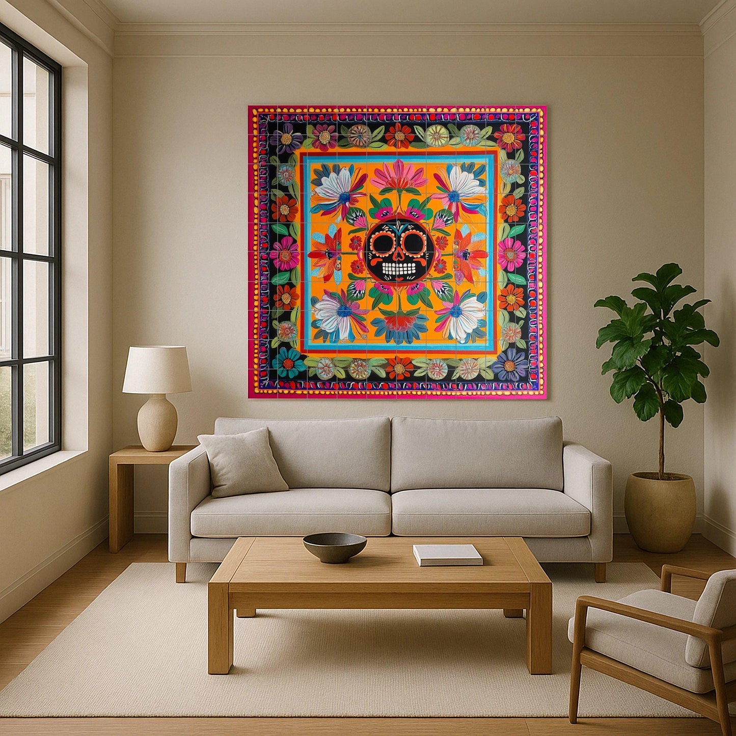 Day of the Dead ceramic wall mural with Mexican sugar skull and flowers, colorful folk art Talavera style decorative tiles