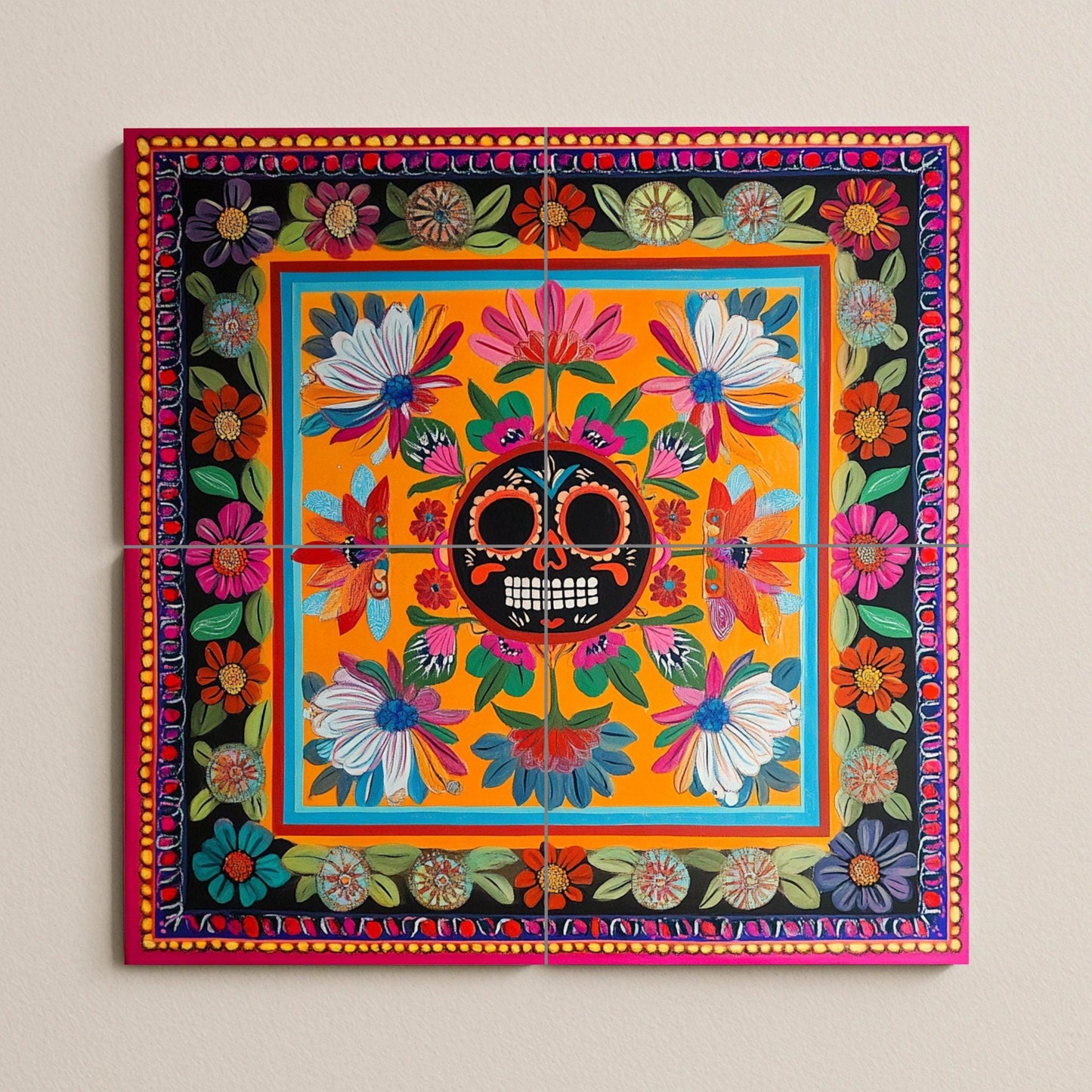Day of the Dead ceramic wall mural with Mexican sugar skull and flowers, colorful folk art Talavera style decorative tiles