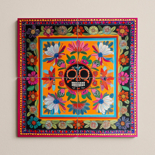 Day of the Dead ceramic wall mural with Mexican sugar skull and flowers, colorful folk art Talavera style decorative tiles