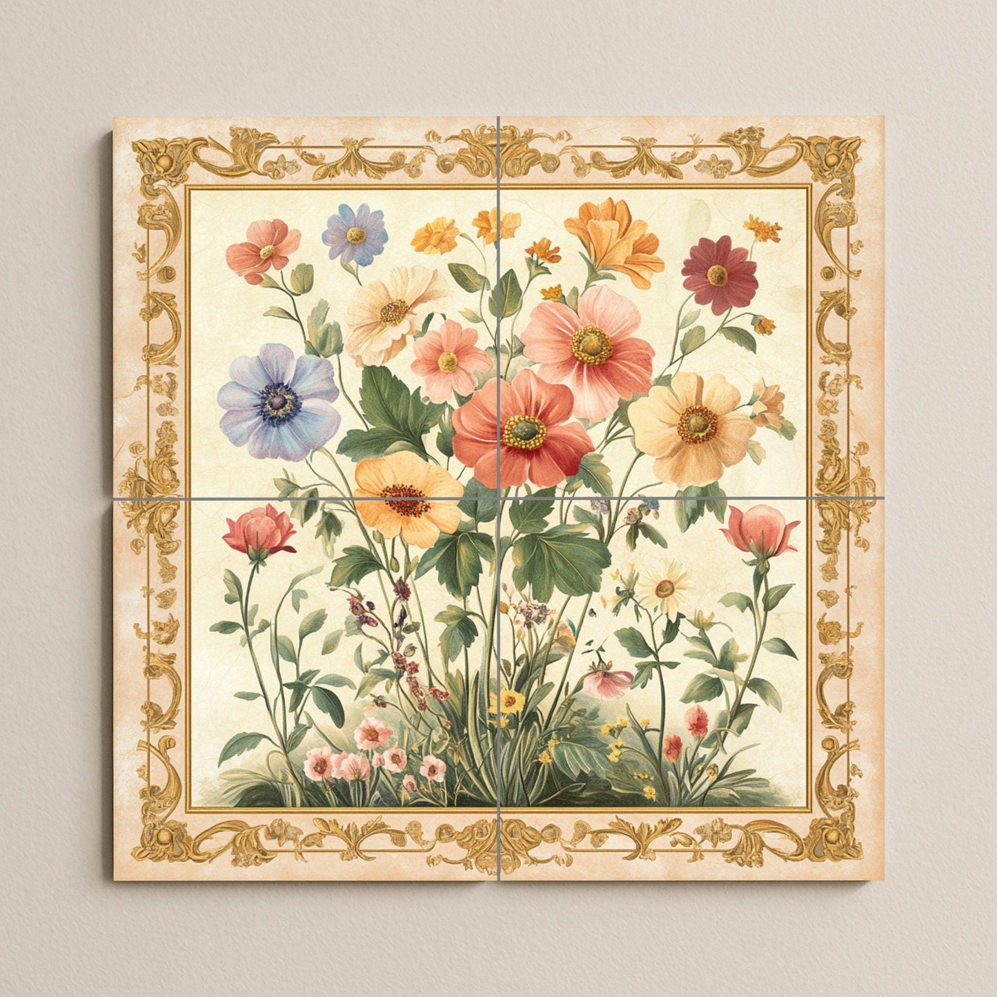 Floral ceramic wall mural with wildflowers and ornate gold border, vintage botanical tile art, handmade romantic rustic decor