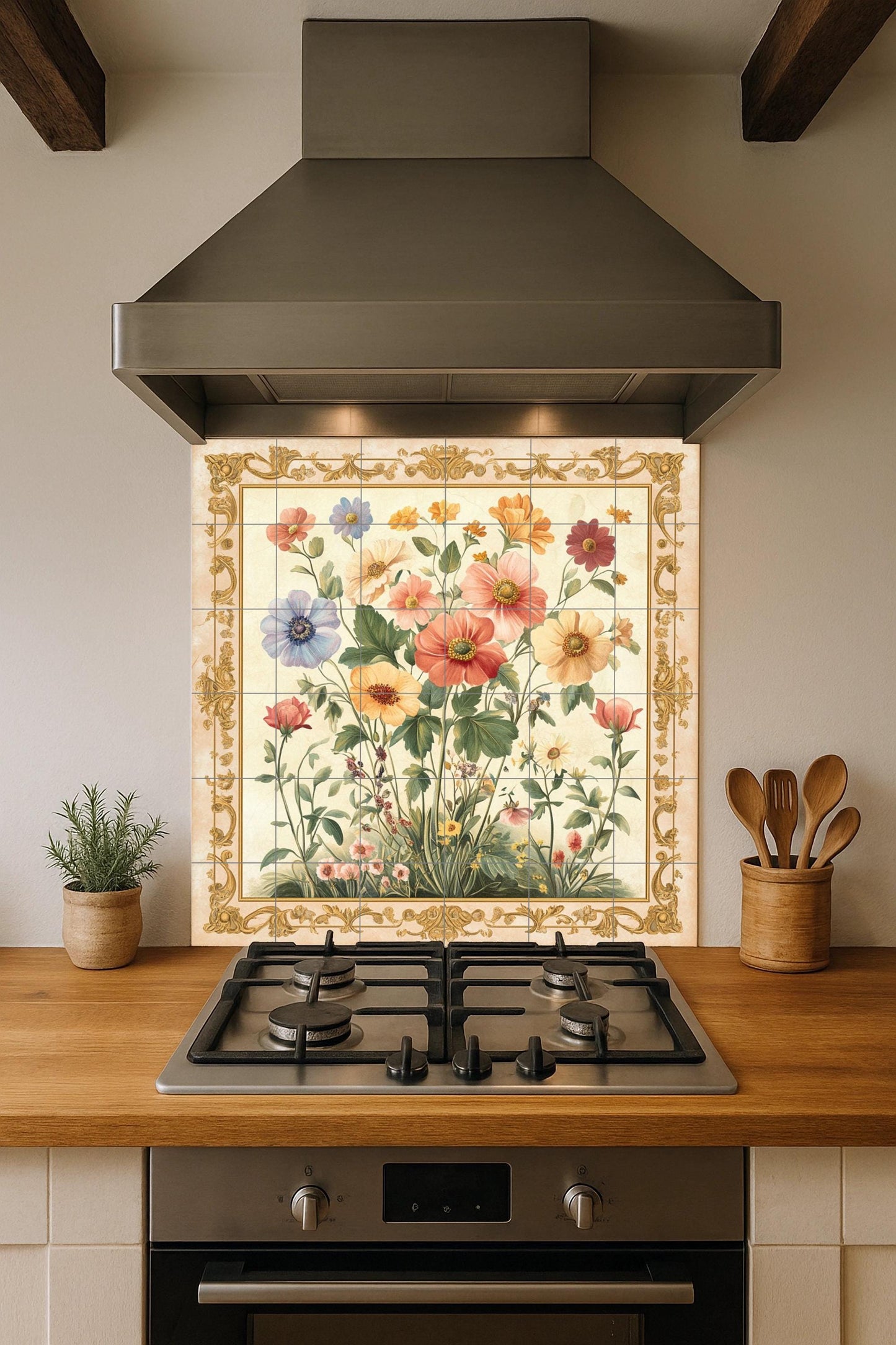 Floral ceramic wall mural with wildflowers and ornate gold border, vintage botanical tile art, handmade romantic rustic decor