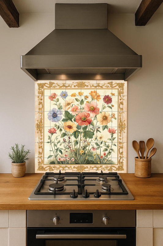 Floral ceramic wall mural with wildflowers and ornate gold border, vintage botanical tile art, handmade romantic rustic decor