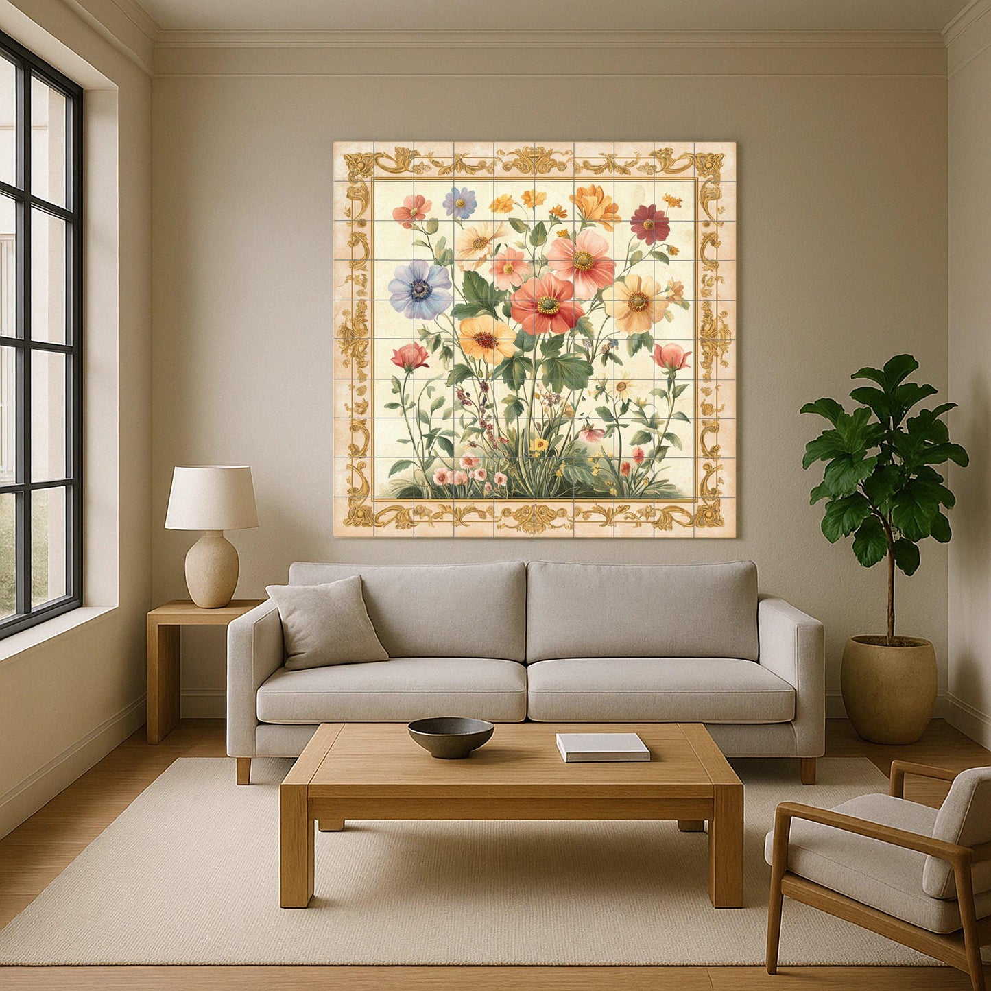Floral ceramic wall mural with wildflowers and ornate gold border, vintage botanical tile art, handmade romantic rustic decor