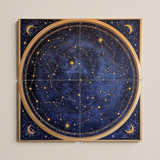 Ceramic wall mural with celestial star map with constellations and moons, navy blue zodiac tile art, handmade cosmic astrological decoration.
