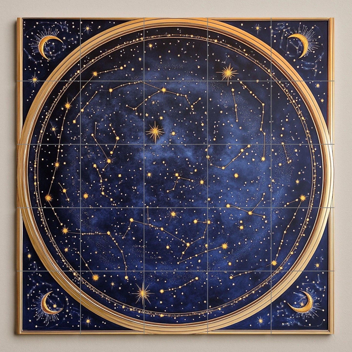 Ceramic wall mural with celestial star map with constellations and moons, navy blue zodiac tile art, handmade cosmic astrological decoration.