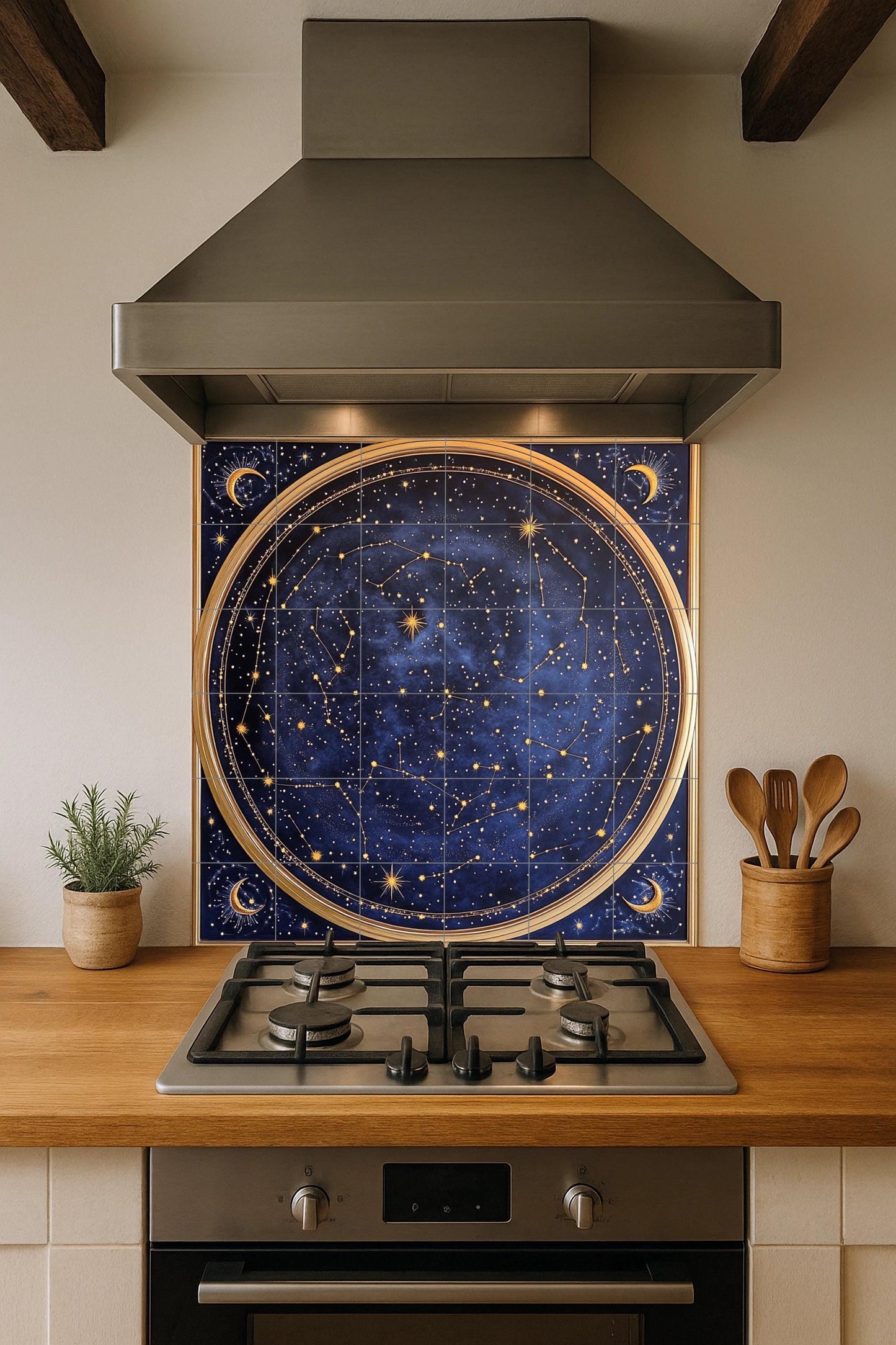 Ceramic wall mural with celestial star map with constellations and moons, navy blue zodiac tile art, handmade cosmic astrological decoration.