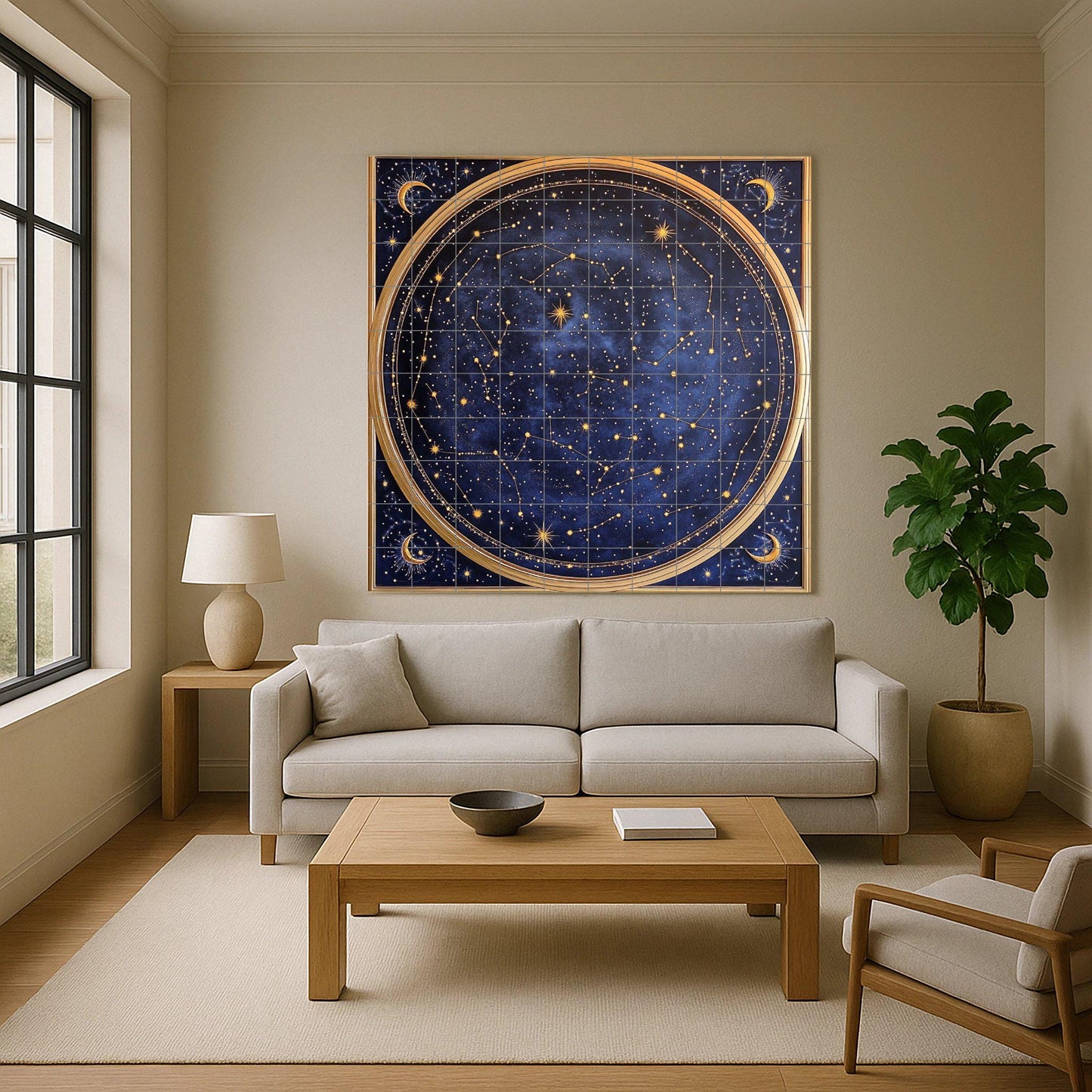 Ceramic wall mural with celestial star map with constellations and moons, navy blue zodiac tile art, handmade cosmic astrological decoration.
