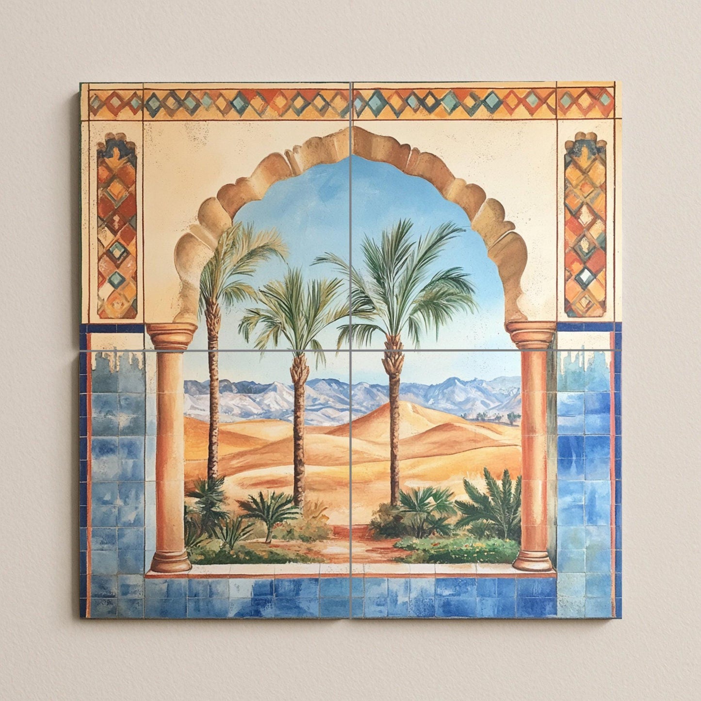 Ceramic wall mural with Moorish arch, desert oasis and palm trees, Andalusian-inspired tile art with blue border, handmade exotic decor.