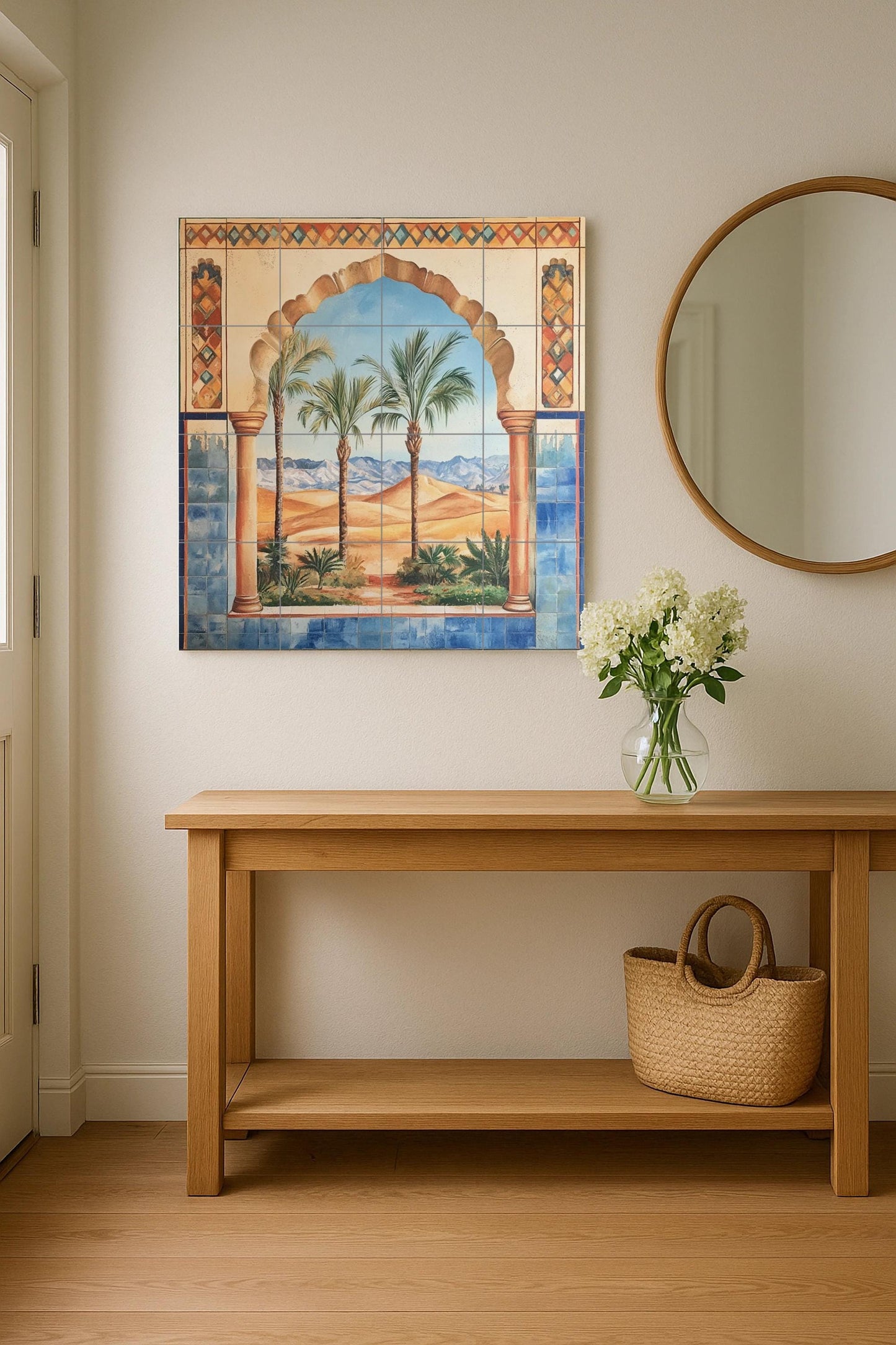 Ceramic wall mural with Moorish arch, desert oasis and palm trees, Andalusian-inspired tile art with blue border, handmade exotic decor.