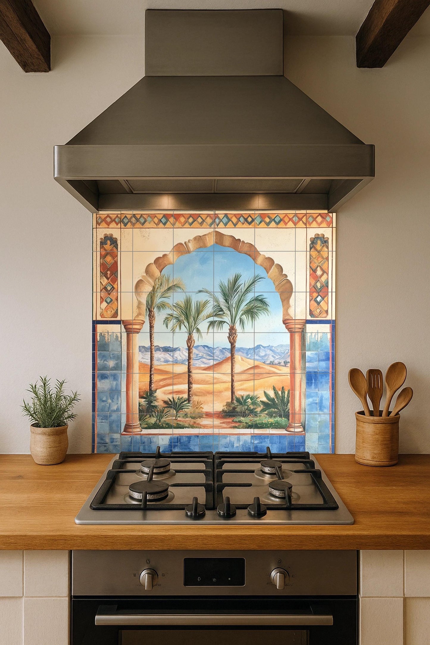 Ceramic wall mural with Moorish arch, desert oasis and palm trees, Andalusian-inspired tile art with blue border, handmade exotic decor.