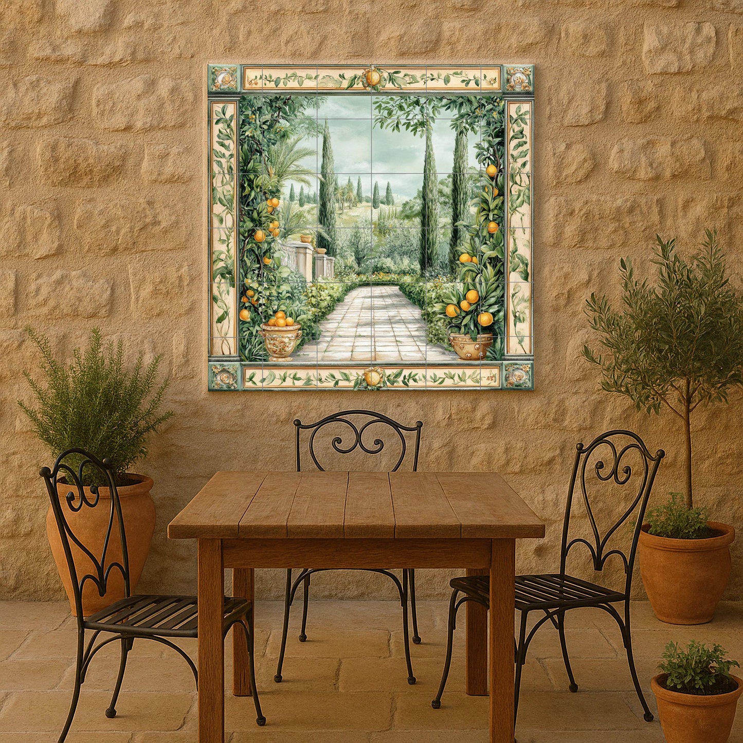 Mediterranean garden ceramic wall mural with orange trees and cypress path, Tuscan countryside tile art, handmade rustic orchard decor