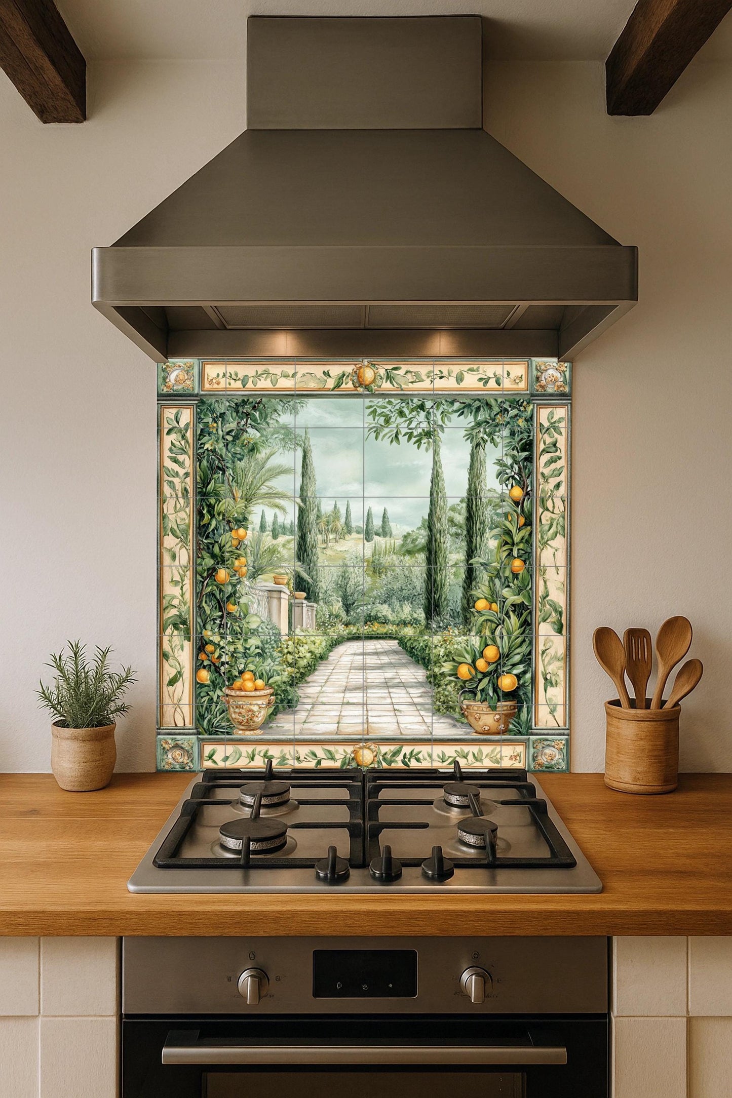 Mediterranean garden ceramic wall mural with orange trees and cypress path, Tuscan countryside tile art, handmade rustic orchard decor