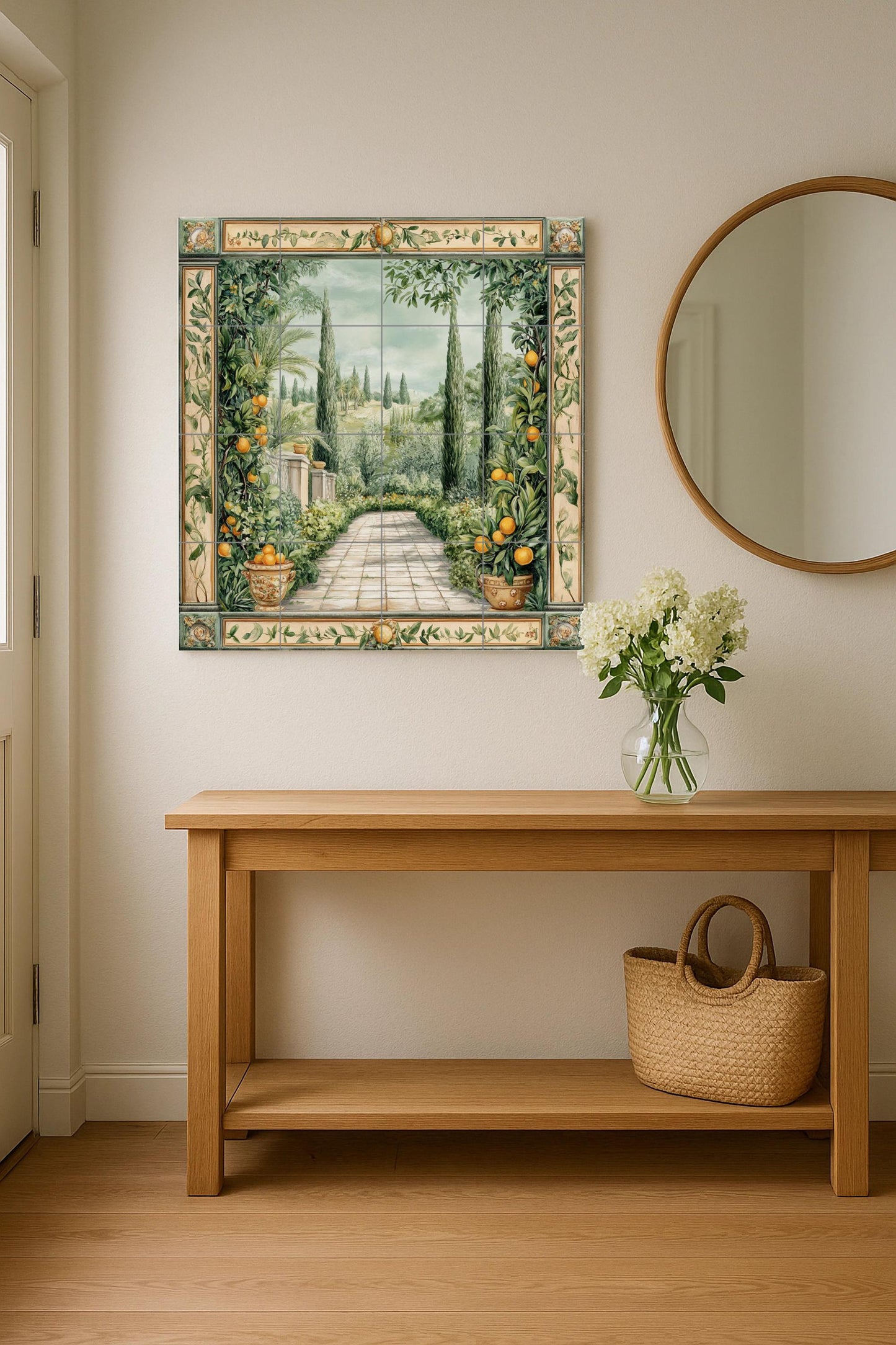 Mediterranean garden ceramic wall mural with orange trees and cypress path, Tuscan countryside tile art, handmade rustic orchard decor