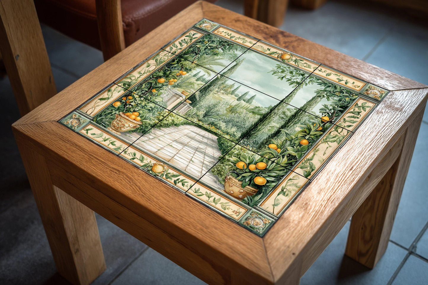 Mediterranean garden ceramic wall mural with orange trees and cypress path, Tuscan countryside tile art, handmade rustic orchard decor
