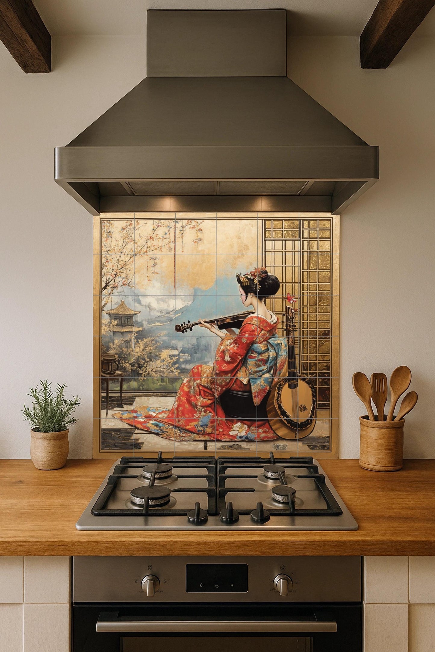 Ceramic wall mural of a geisha in a red kimono with a violin, Japanese cultural tile art with a gold frame, handmade oriental heritage decor