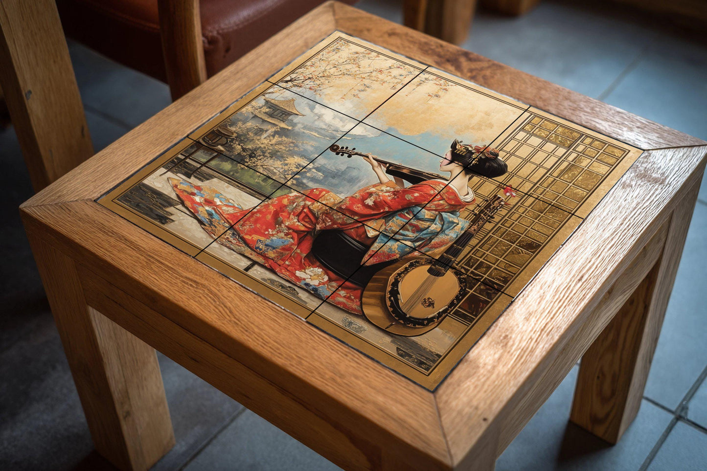 Ceramic wall mural of a geisha in a red kimono with a violin, Japanese cultural tile art with a gold frame, handmade oriental heritage decor
