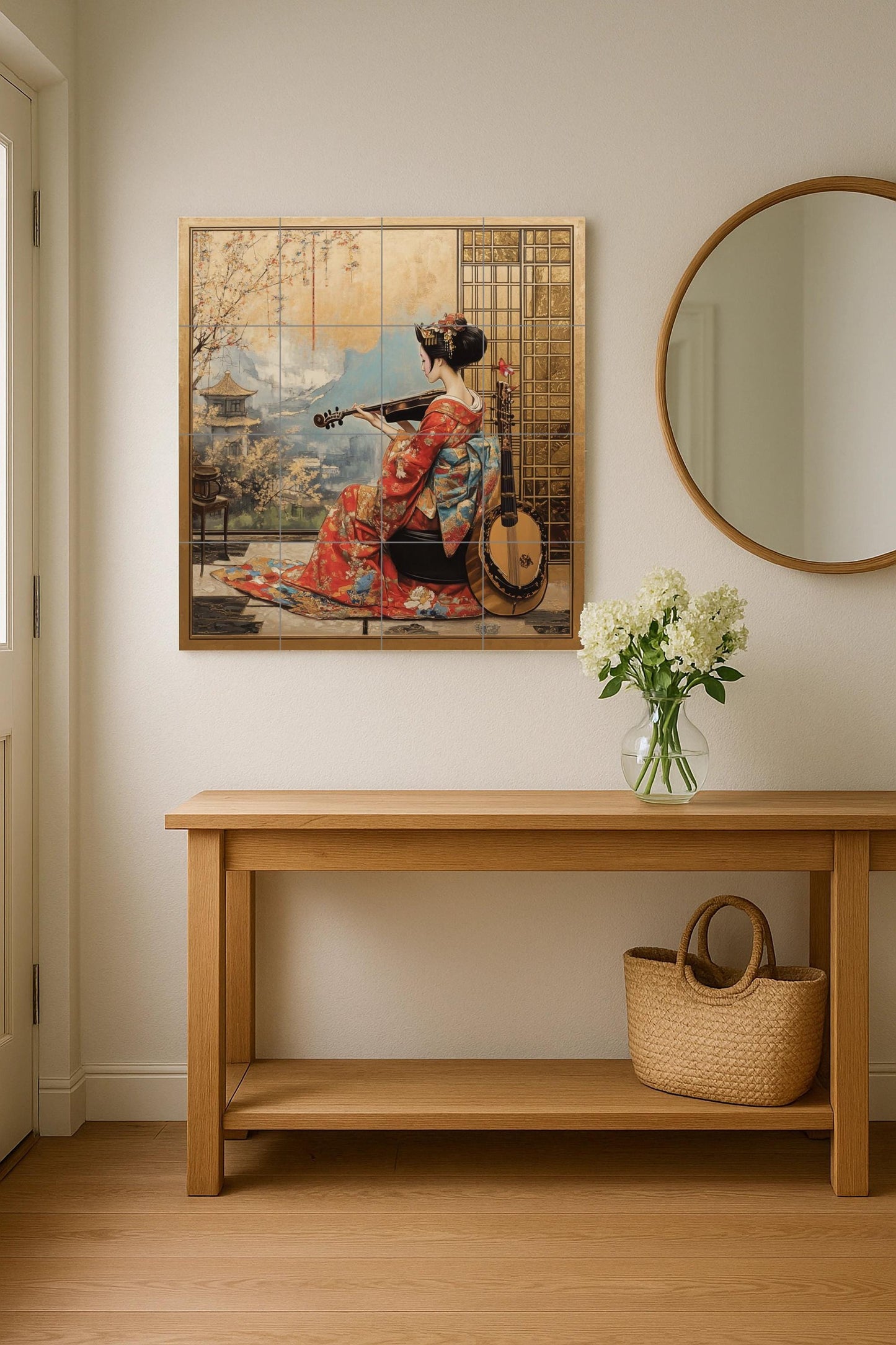Ceramic wall mural of a geisha in a red kimono with a violin, Japanese cultural tile art with a gold frame, handmade oriental heritage decor