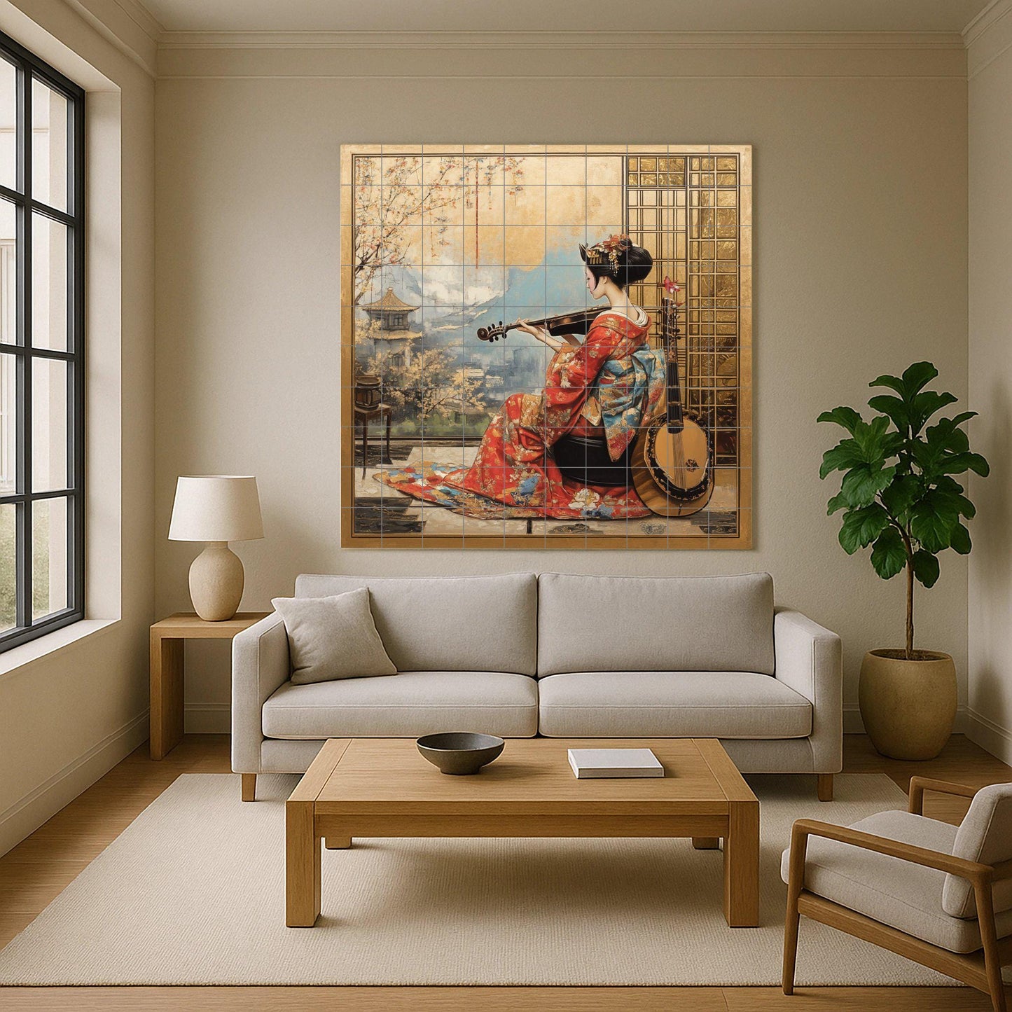 Ceramic wall mural of a geisha in a red kimono with a violin, Japanese cultural tile art with a gold frame, handmade oriental heritage decor